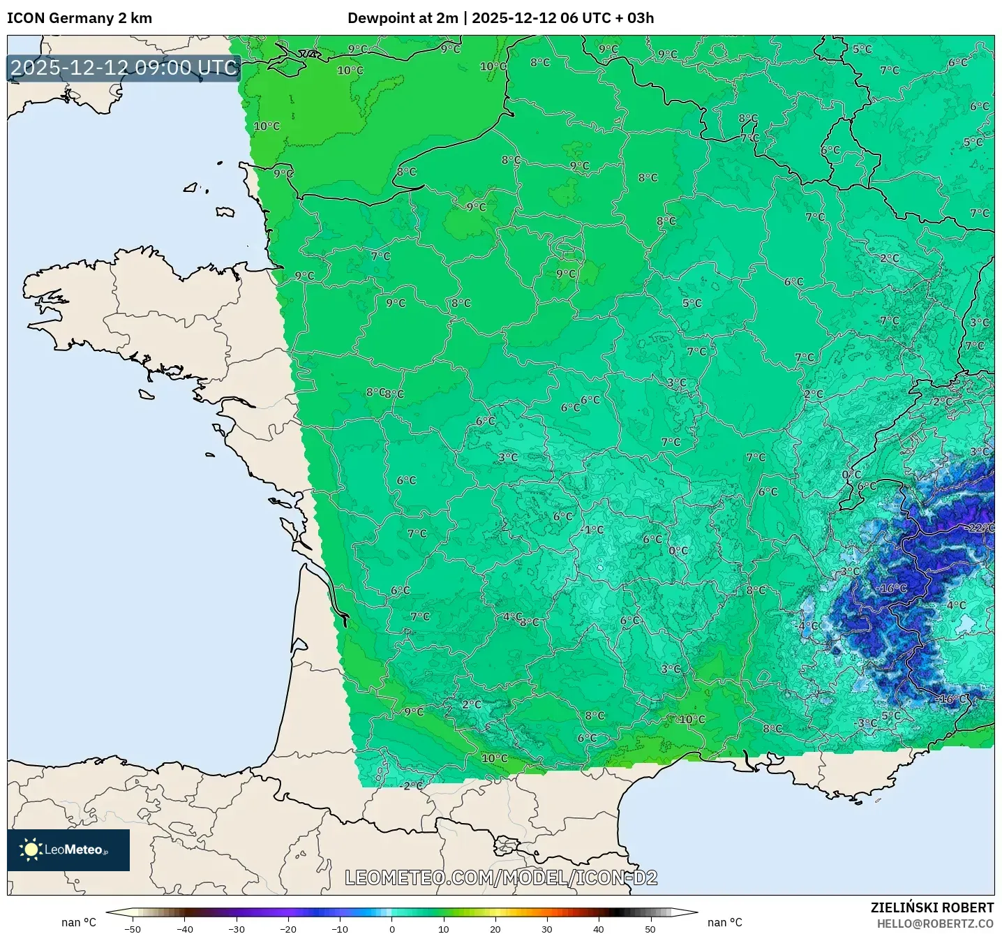 ICON Jerman 2 km model - Perancis, Takat Embun 2 m