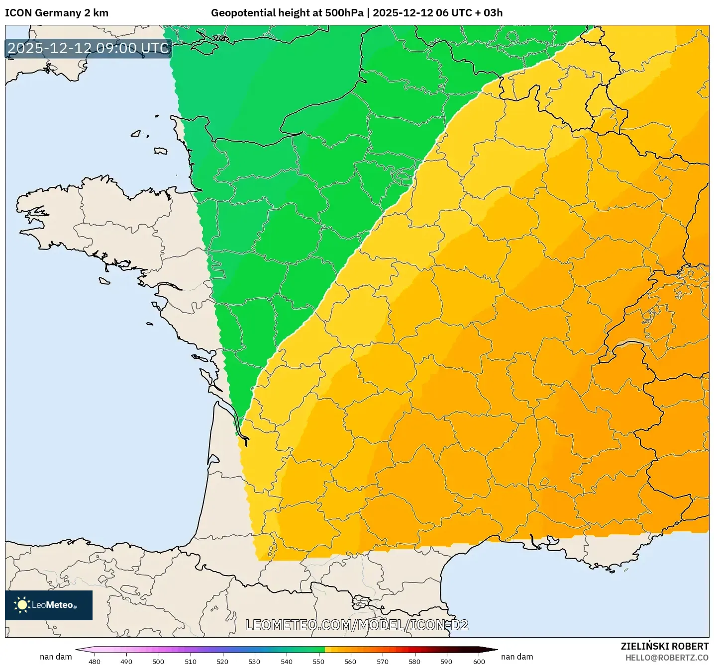 ICON Jerman 2 km model - Perancis, Ketinggian geopotensial pada 500 hPa