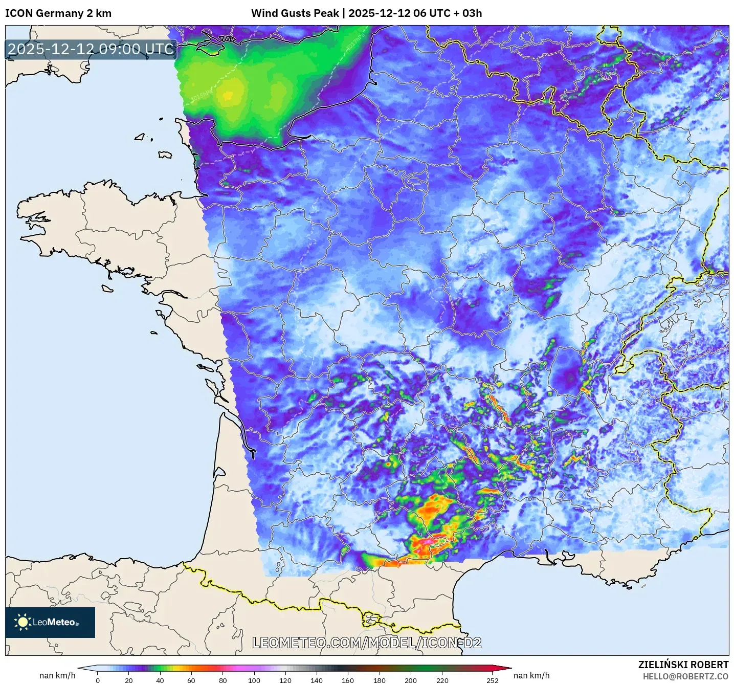 ICON Jerman 2 km model - Perancis, Hembusan Tertinggi