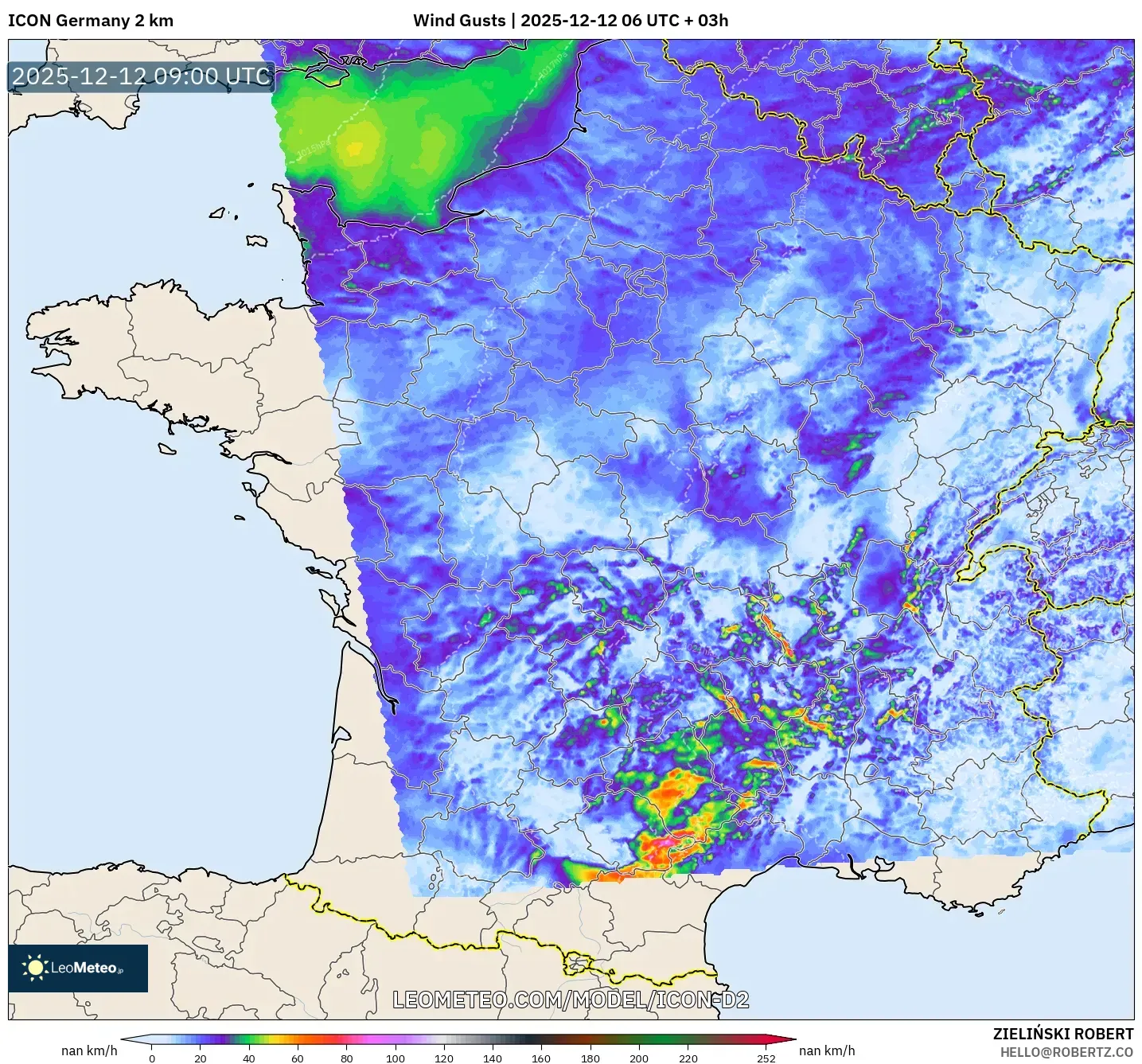 ICON Jerman 2 km model - Perancis, Hembusan Angin
