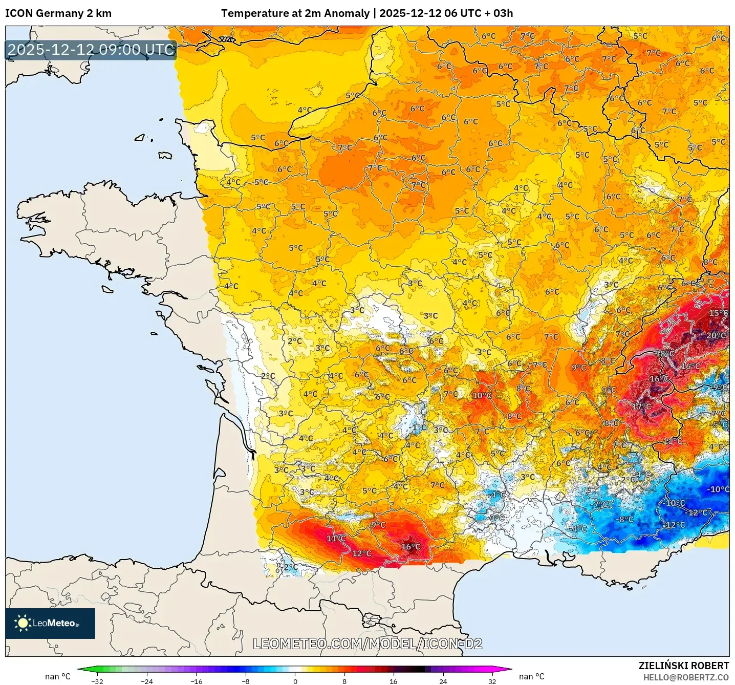 ICON Jerman 2 km model - Perancis, Anomali Suhu 2 m