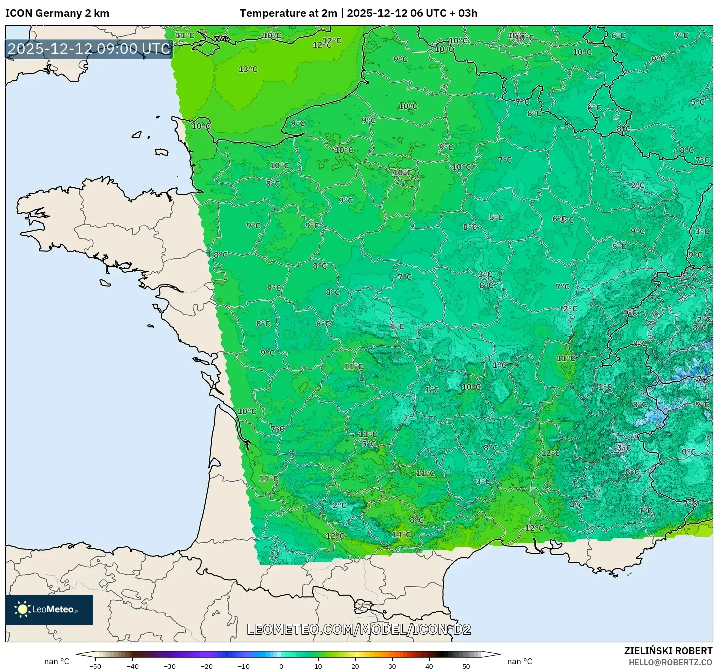 ICON Jerman 2 km model - Perancis, Suhu pada 2 m
