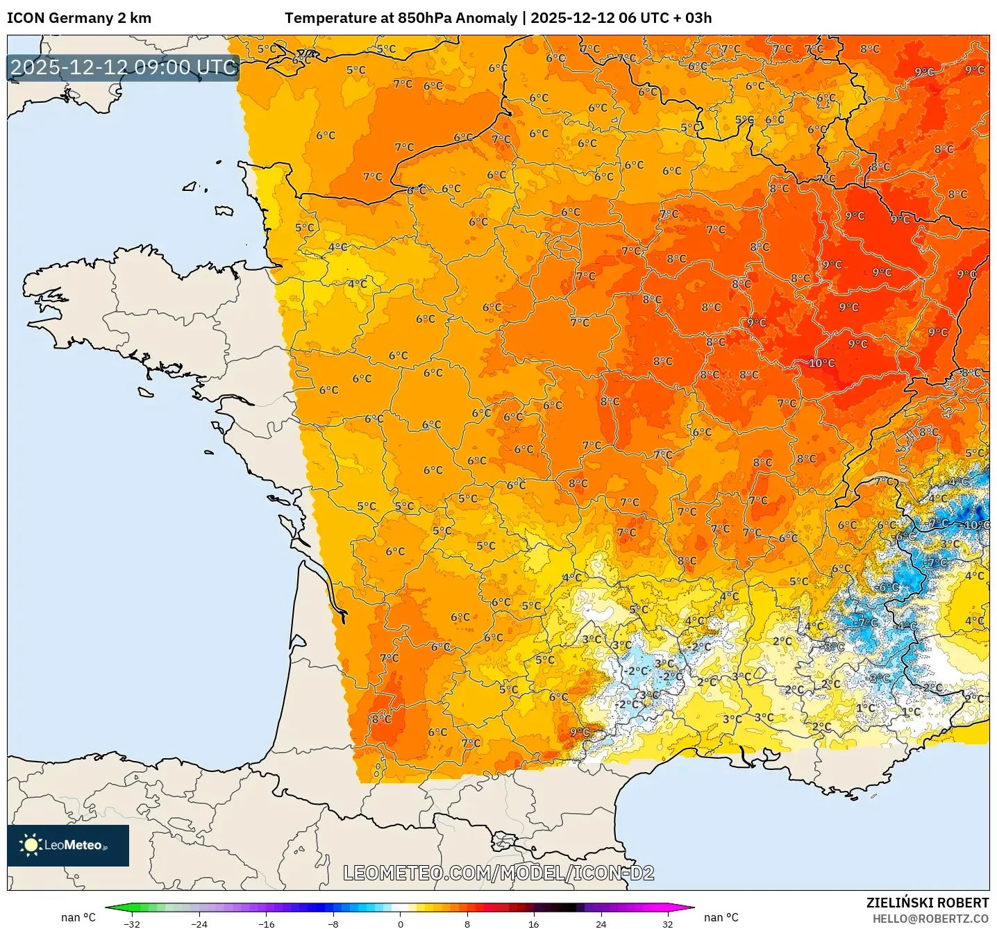 ICON Jerman 2 km model - Perancis, Anomali Suhu 850 hPa