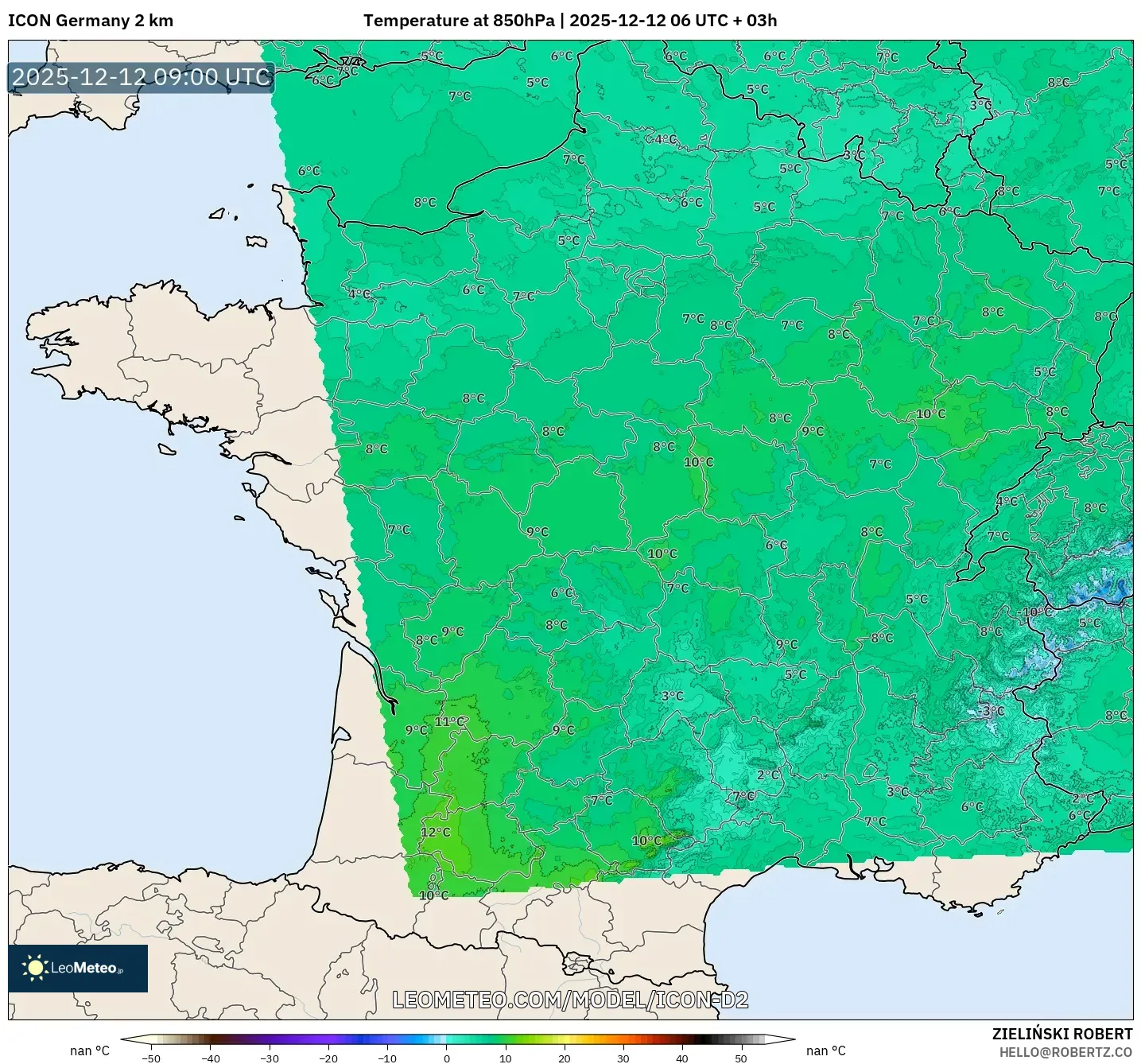 ICON Jerman 2 km model - Perancis, Suhu 850 hPa