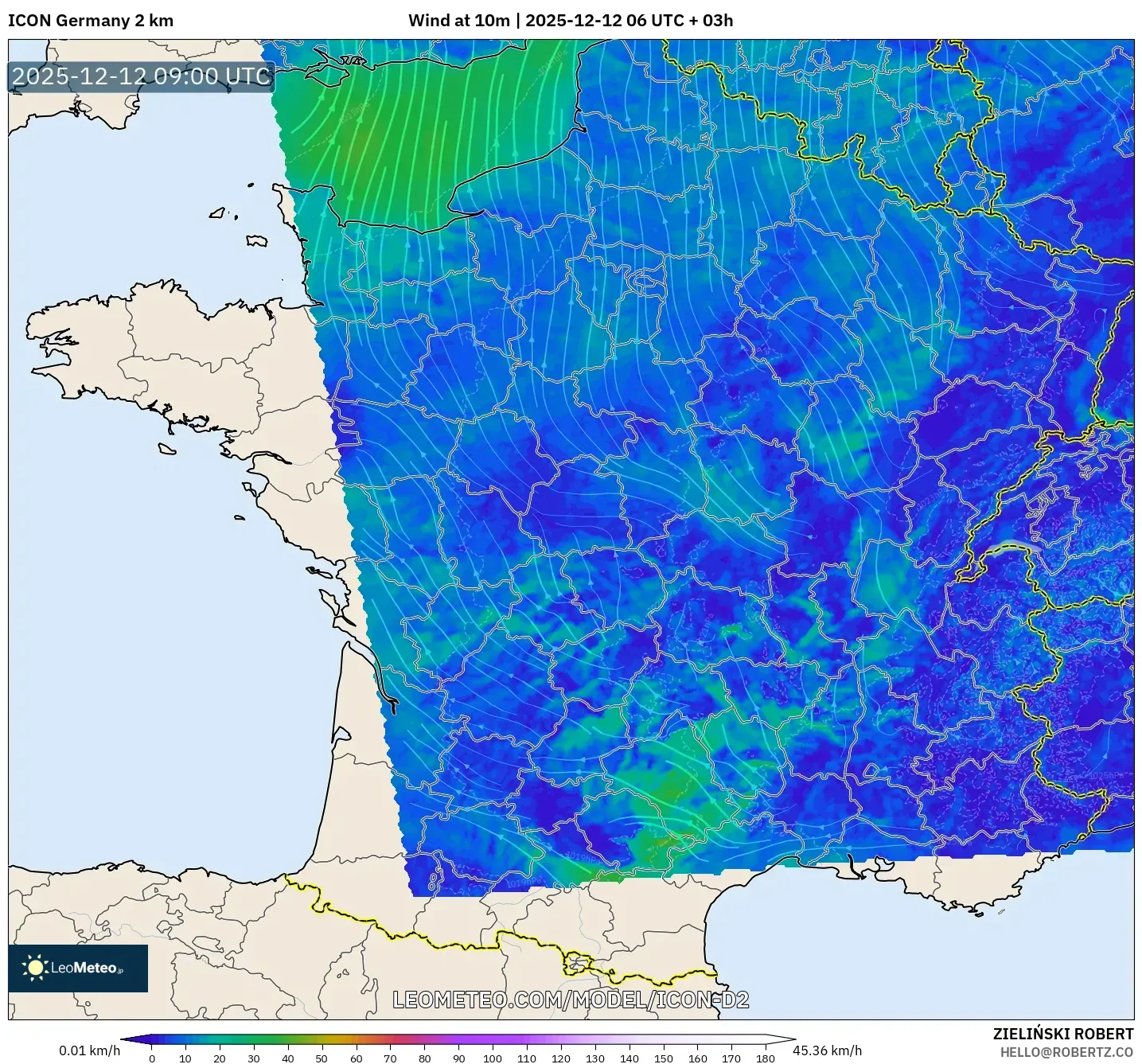 ICON Jerman 2 km model - Perancis, Angin 10 m