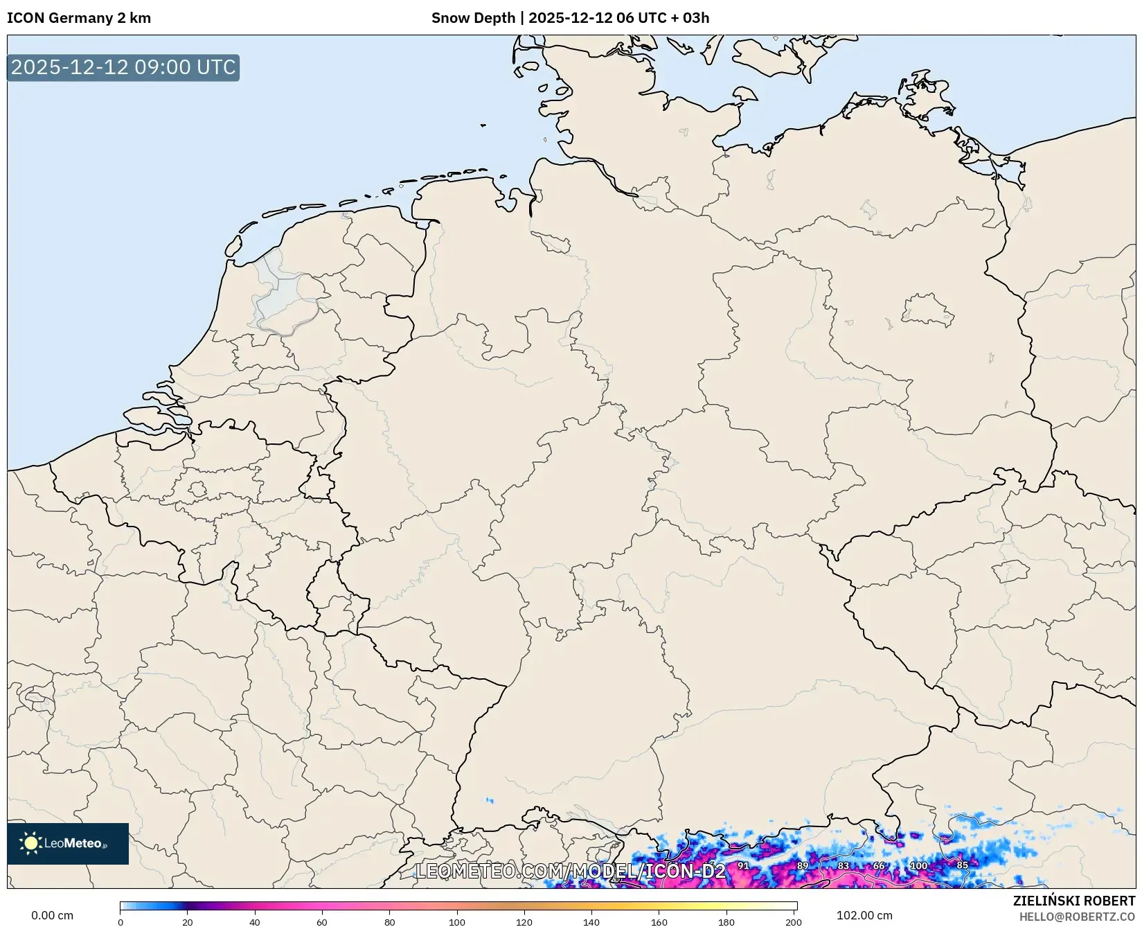 ICON Jerman 2 km model - Jerman, Ketebalan Salji