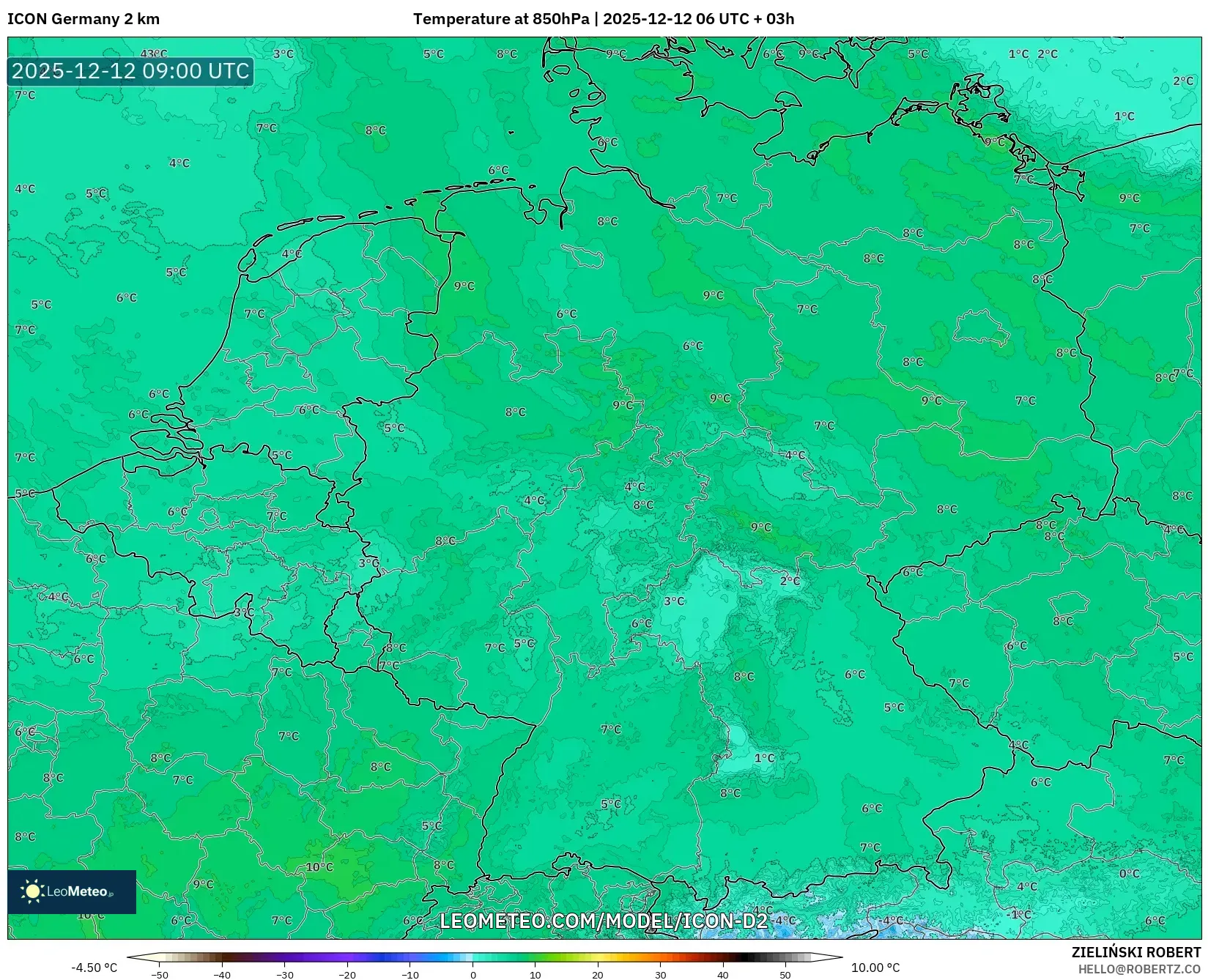 ICON Jerman 2 km model - Jerman, Suhu 850 hPa