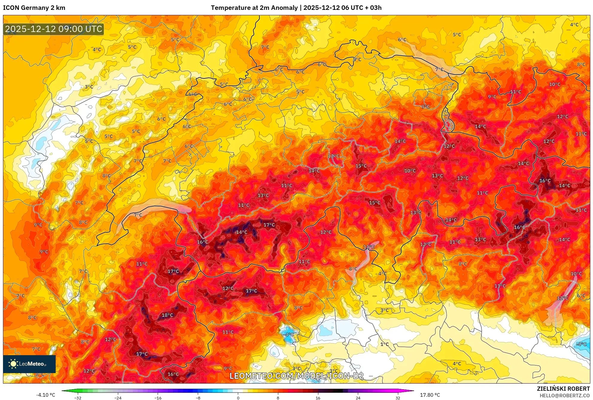 ICON Jerman 2 km model - Switzerland, Anomali Suhu 2 m