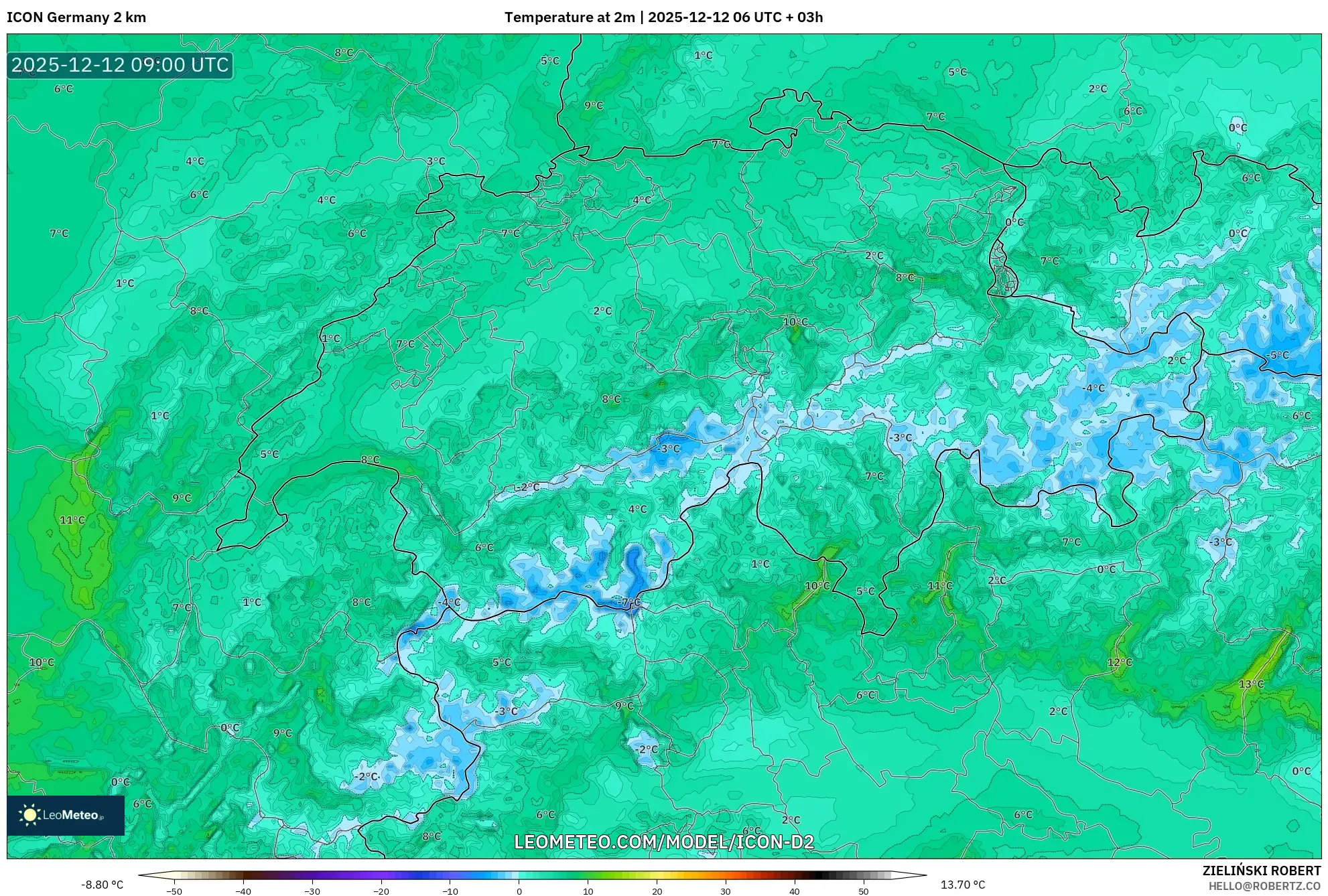ICON Jerman 2 km model - Switzerland, Suhu pada 2 m