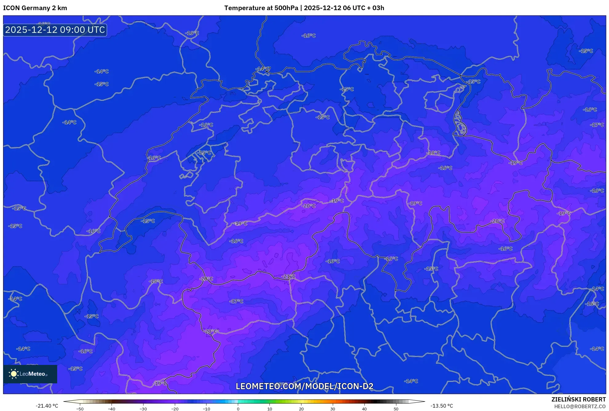 ICON Jerman 2 km model - Switzerland, Suhu 500 hPa