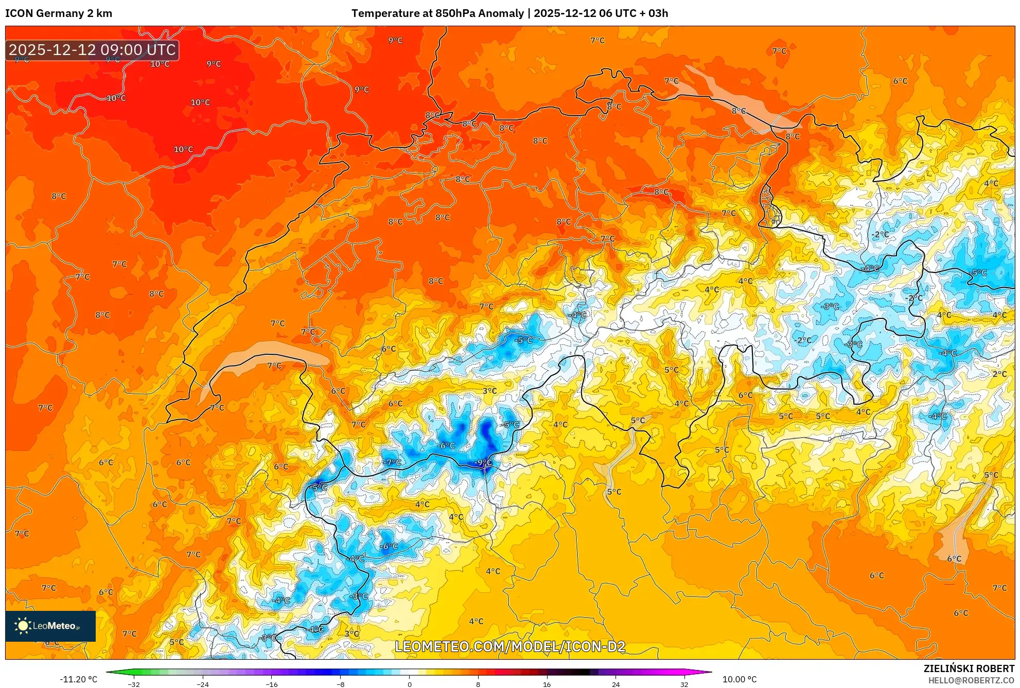 ICON Jerman 2 km model - Switzerland, Anomali Suhu 850 hPa