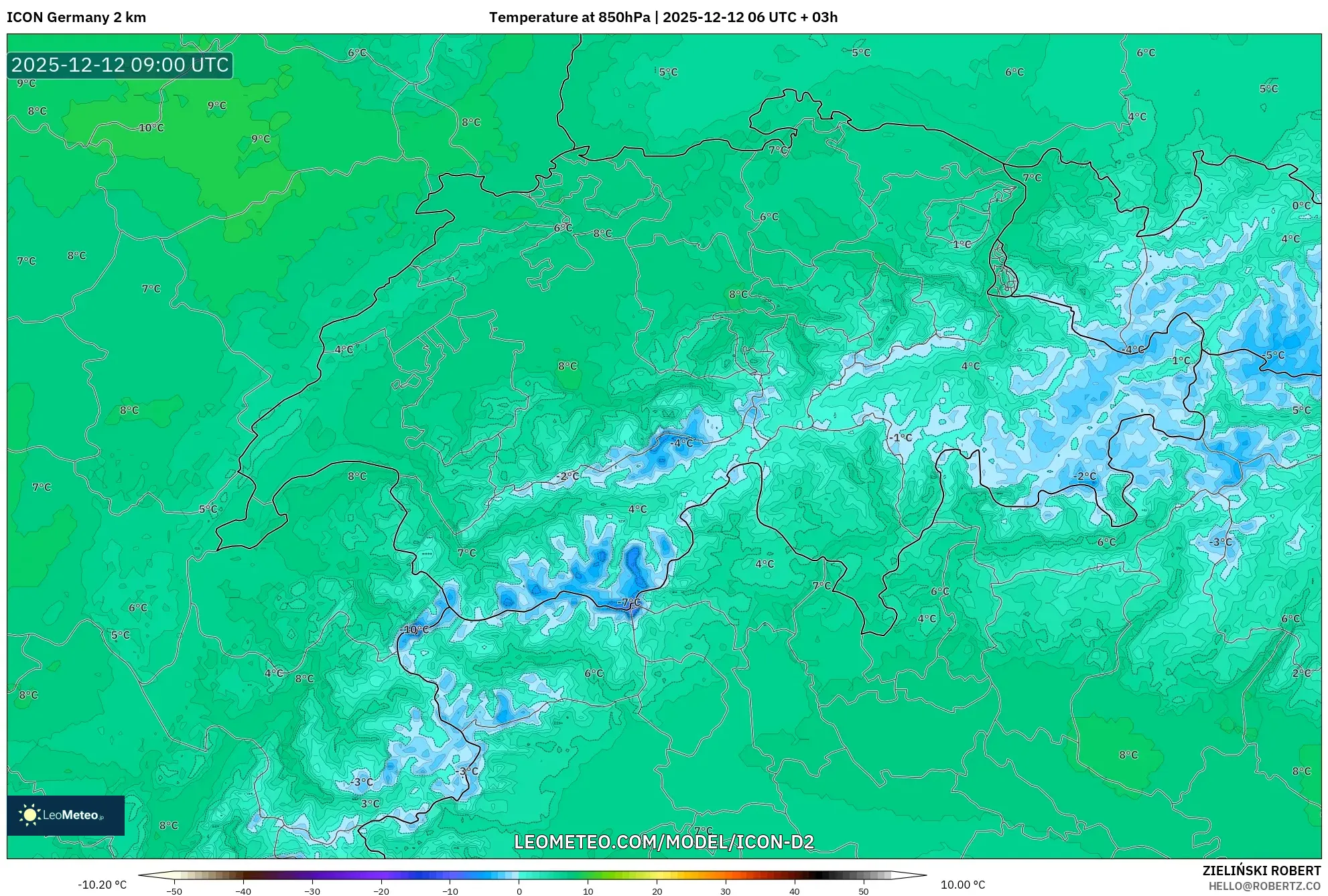 ICON Jerman 2 km model - Switzerland, Suhu 850 hPa