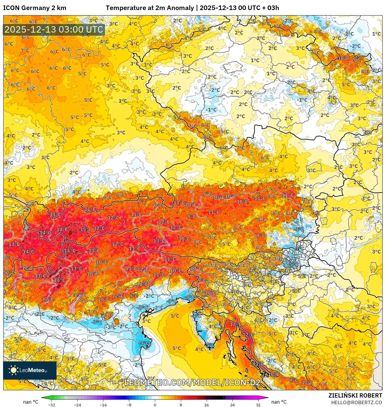 ICON Germany 2 km model - Austria, Temperature at 2m Anomaly