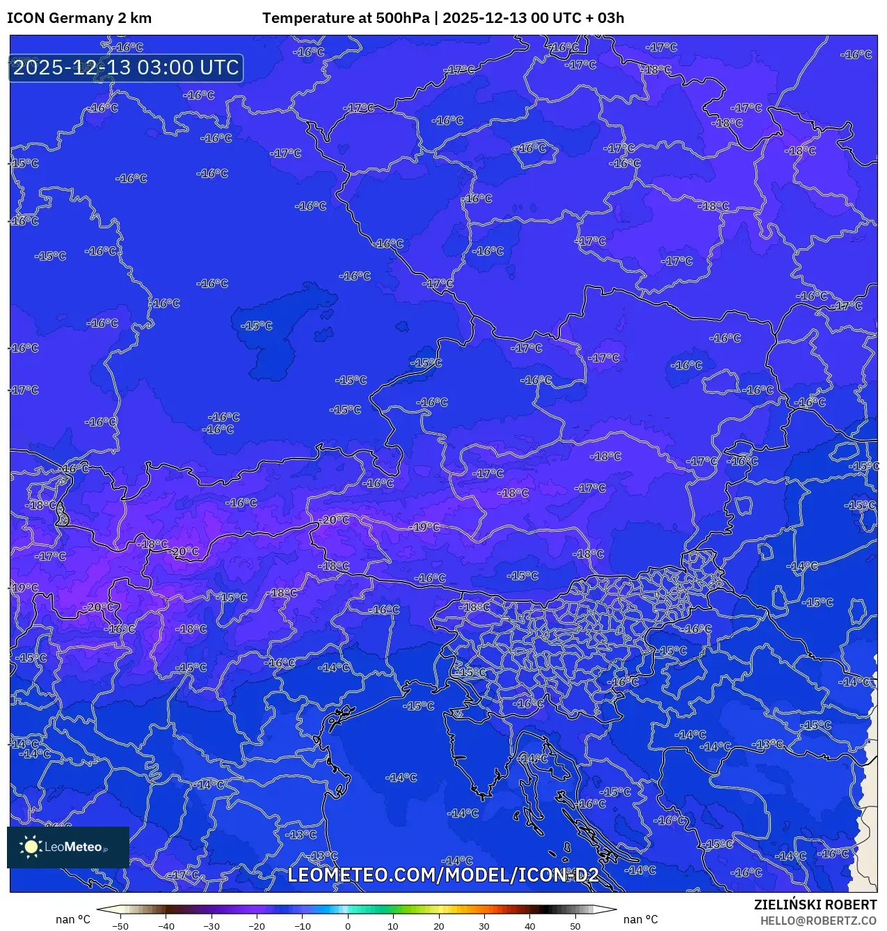 ICON Germany 2 km model - Austria, Temperature at 500hPa