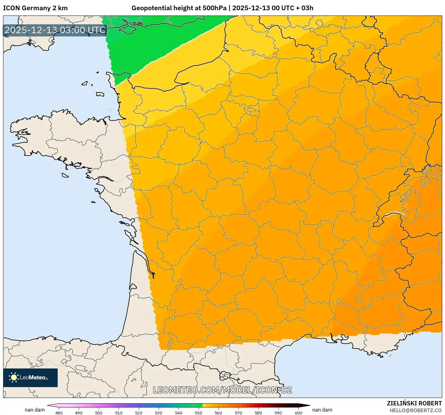 ICON Germany 2 km model - France, Geopotential height at 500hPa