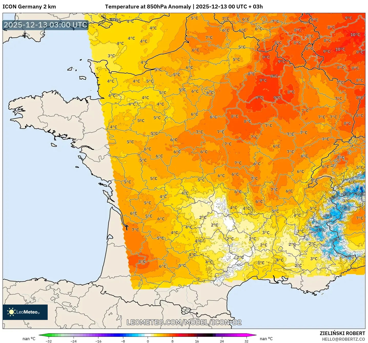 ICON Germany 2 km model - France, Temperature at 850hPa Anomaly