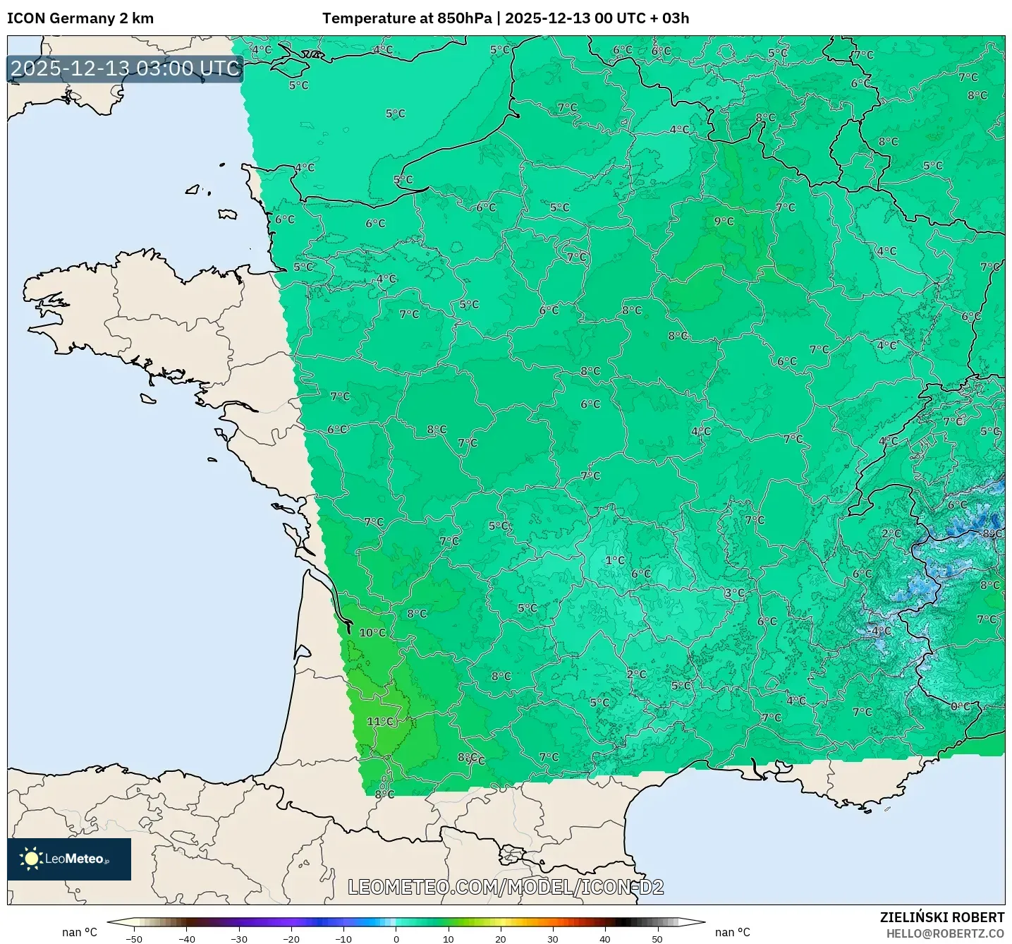 ICON Germany 2 km model - France, Temperature at 850hPa