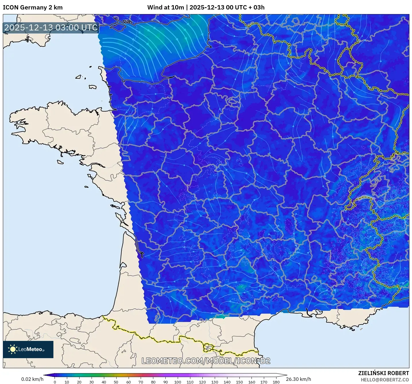 ICON Germany 2 km model - France, Wind at 10m