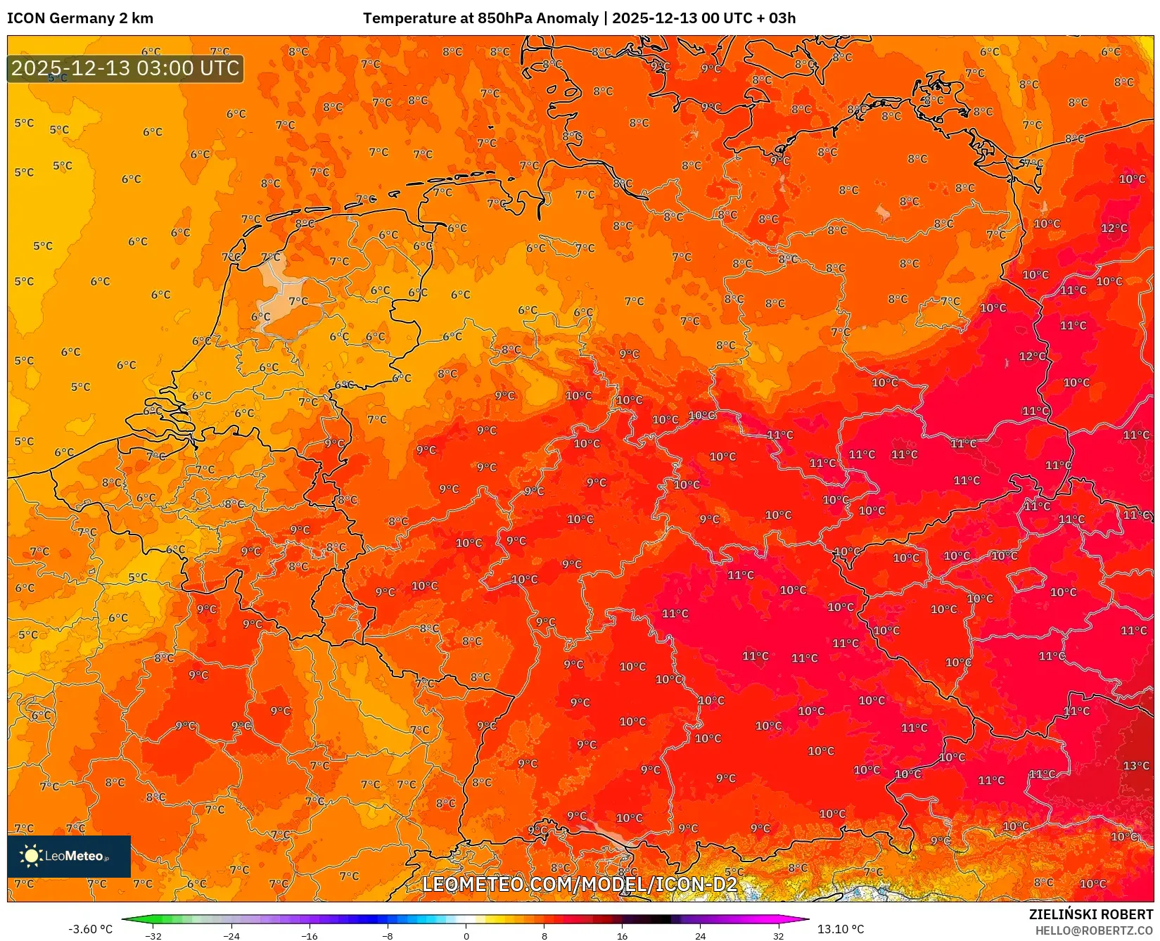 ICON Germany 2 km model - Germany, Temperature at 850hPa Anomaly