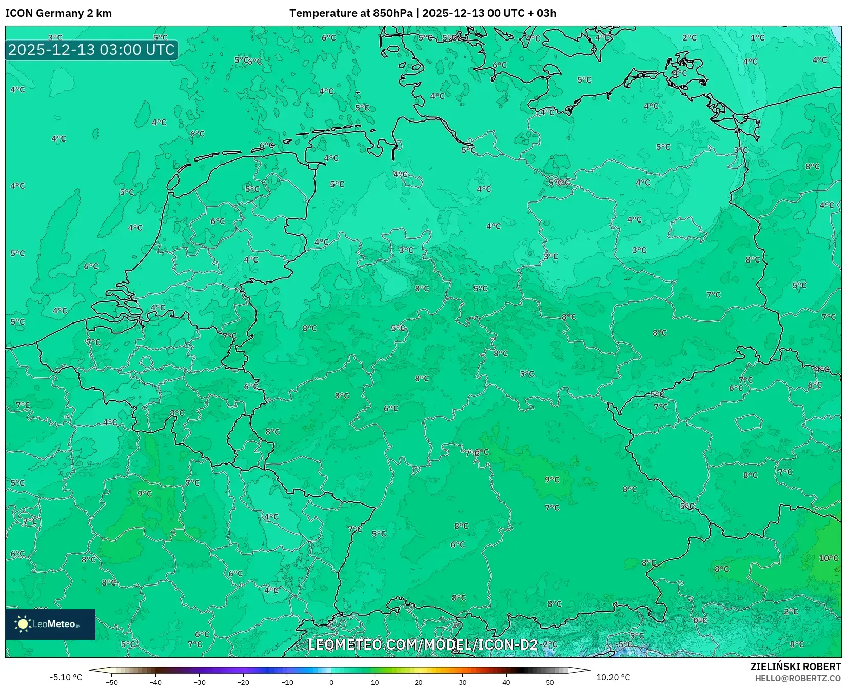 ICON Germany 2 km model - Germany, Temperature at 850hPa
