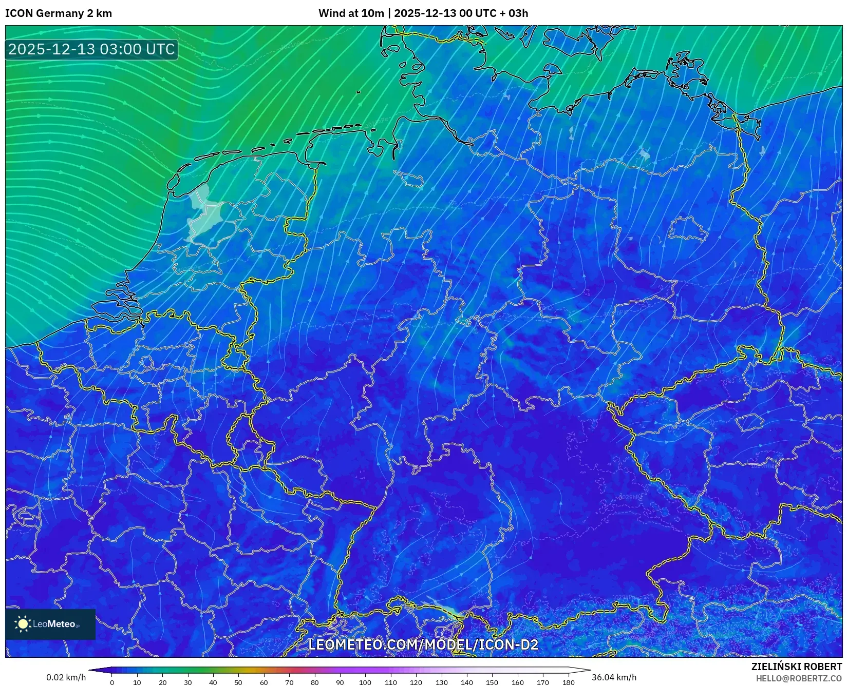 ICON Germany 2 km model - Germany, Wind at 10m
