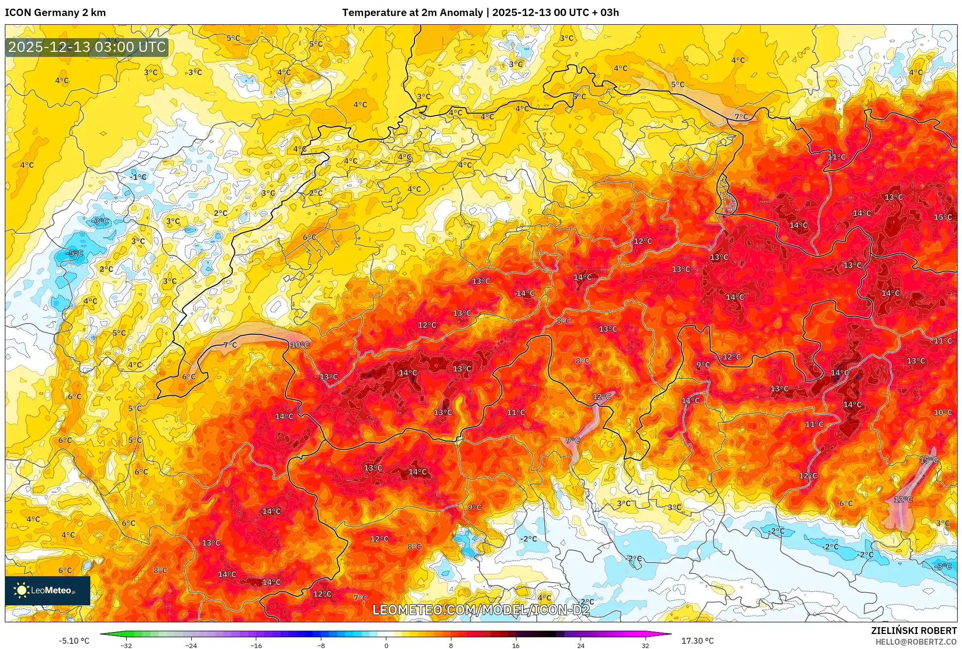 ICON Germany 2 km model - Switzerland, Temperature at 2m Anomaly