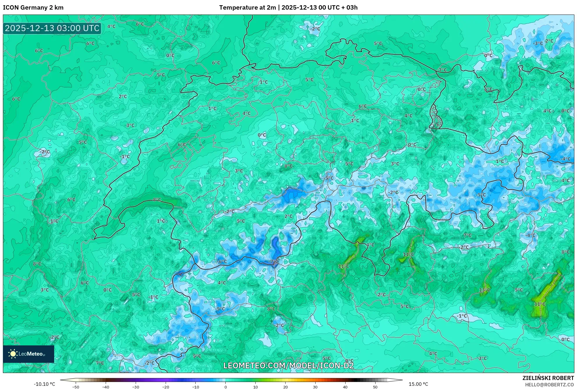 ICON Germany 2 km model - Switzerland, Temperature at 2m