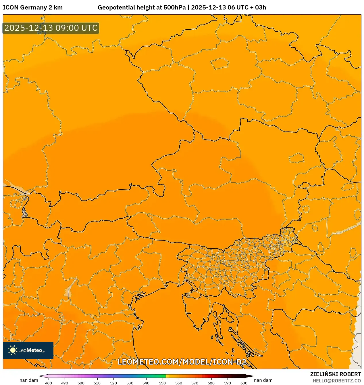 ICON Alemania 2 km model - Austria, Ketinggian geopotensial pada 500 hPa