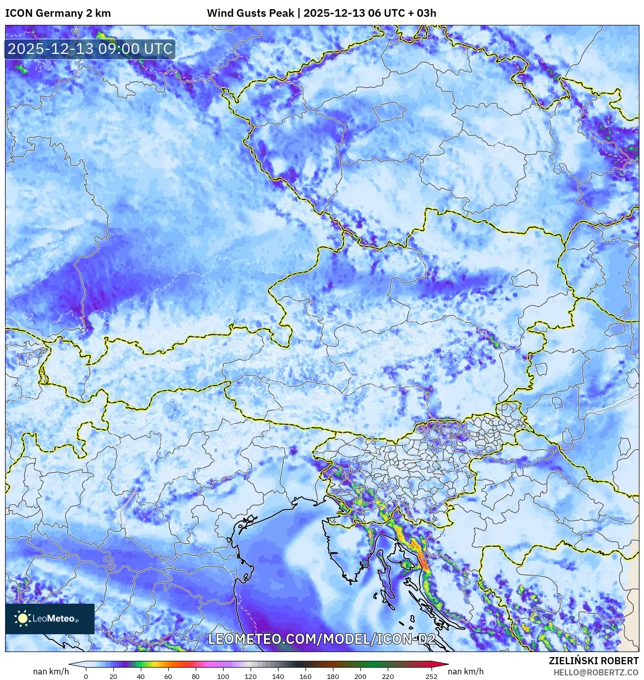 ICON Alemania 2 km model - Austria, Puncak Hembusan