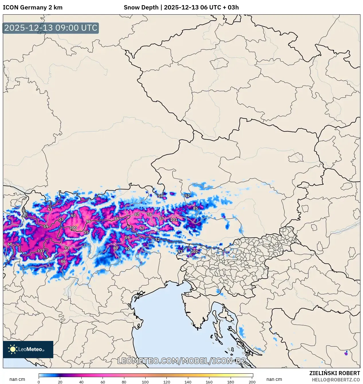ICON Alemania 2 km model - Austria, Kedalaman Salju