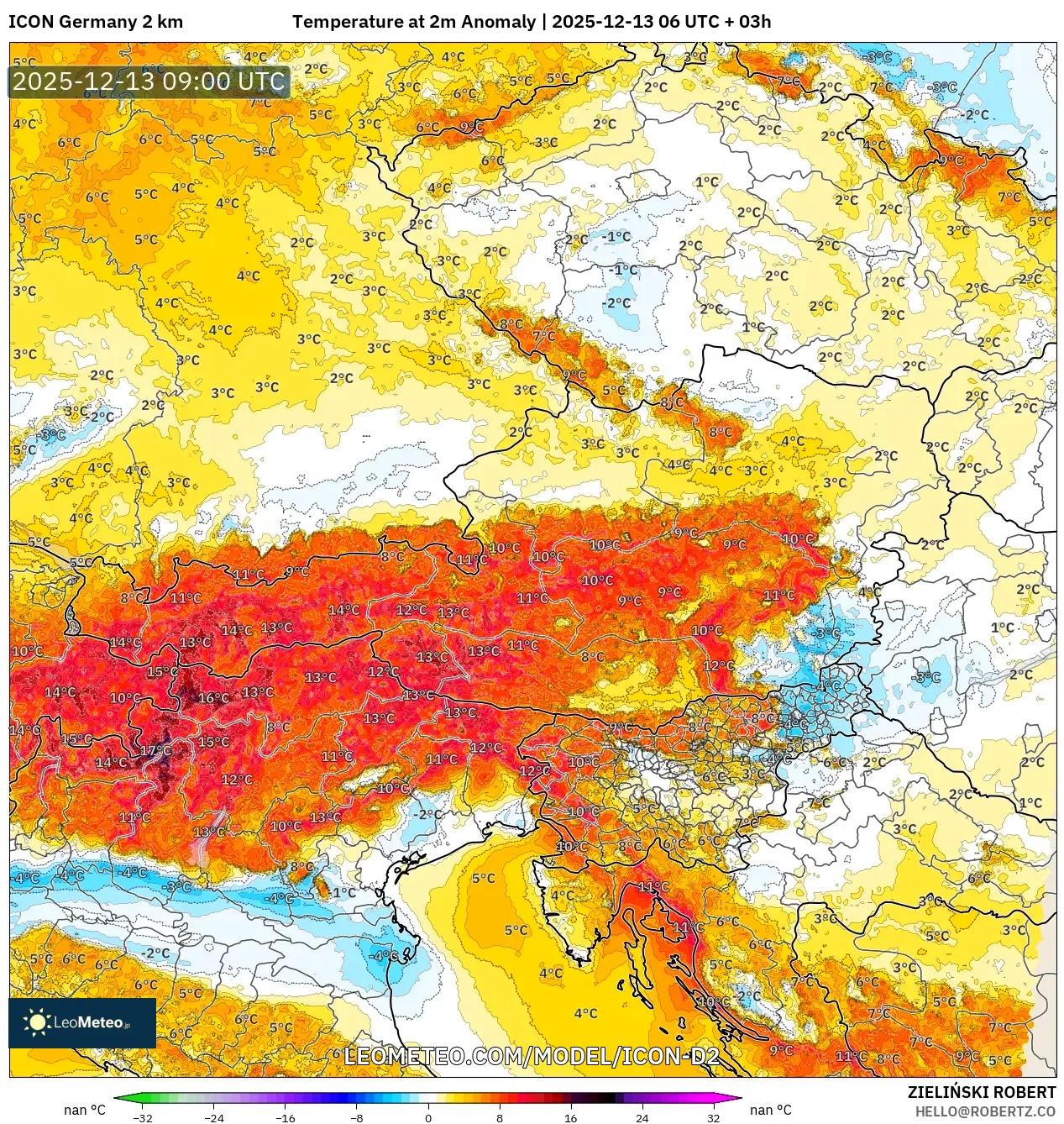 ICON Alemania 2 km model - Austria, Anomali Suhu 2 m