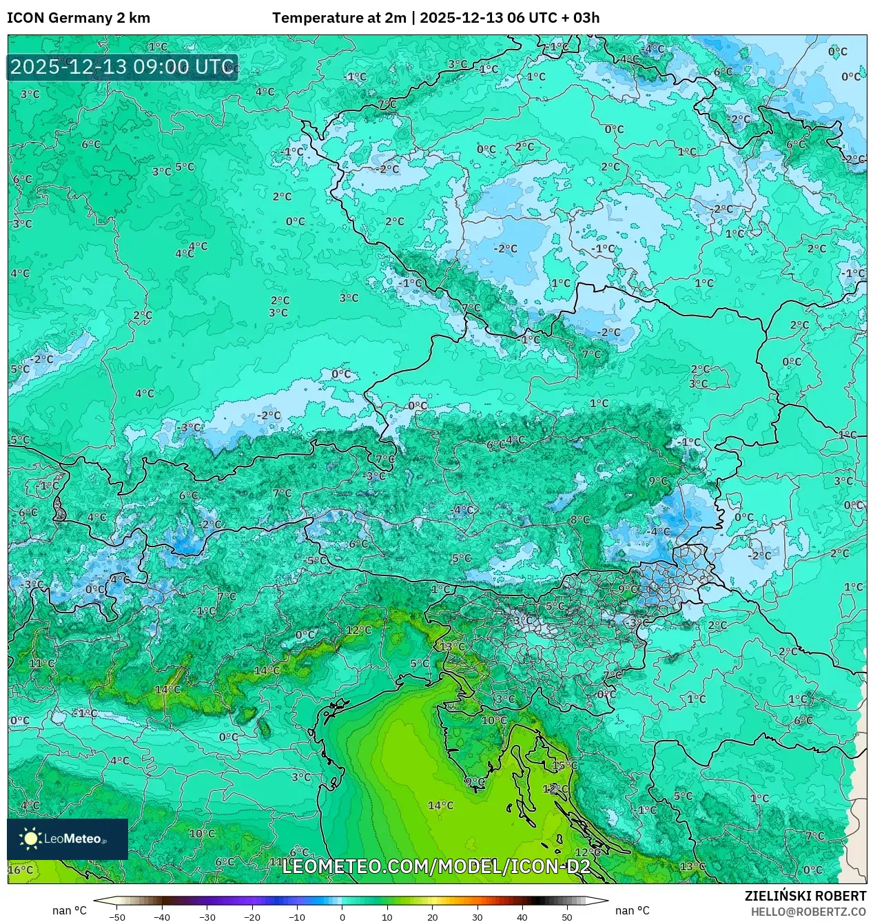 ICON Alemania 2 km model - Austria, Suhu 2 m