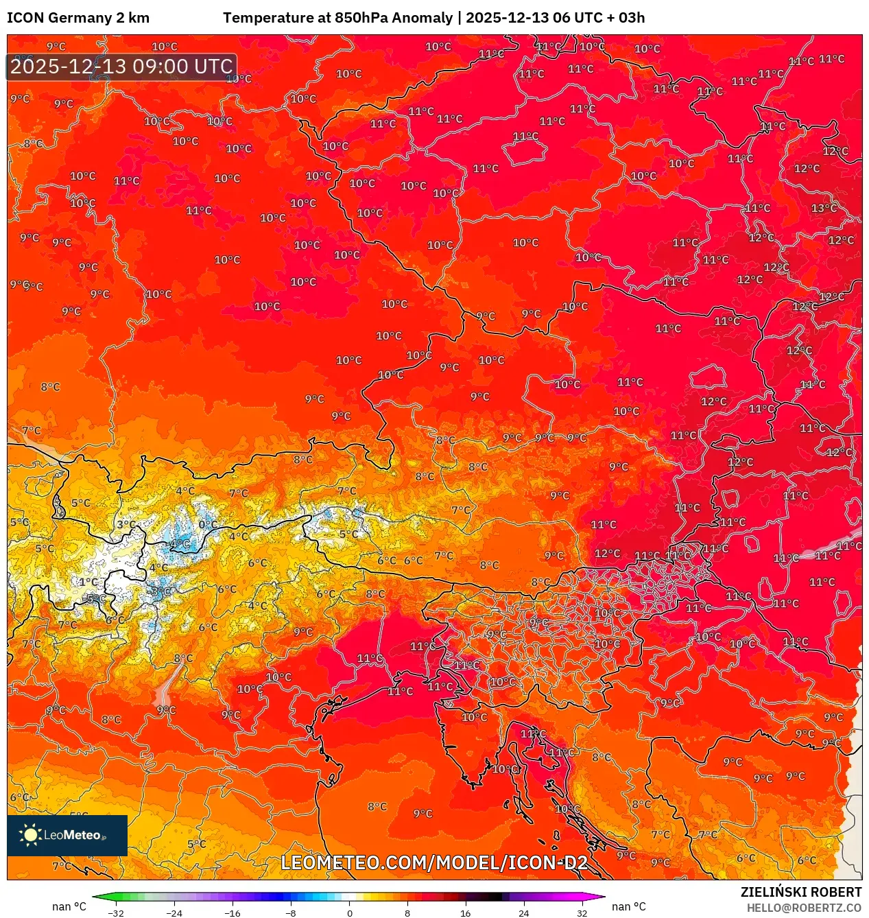 ICON Alemania 2 km model - Austria, Anomali Suhu 850 hPa