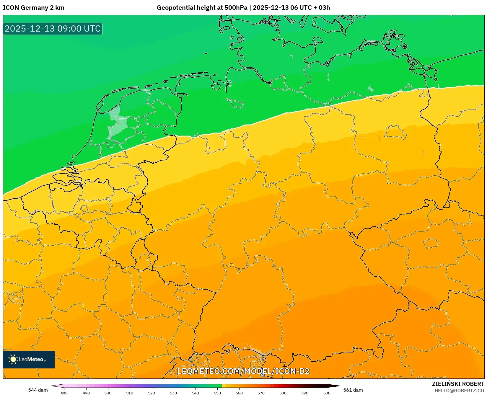 ICON Alemania 2 km model - Jerman, Ketinggian geopotensial pada 500 hPa