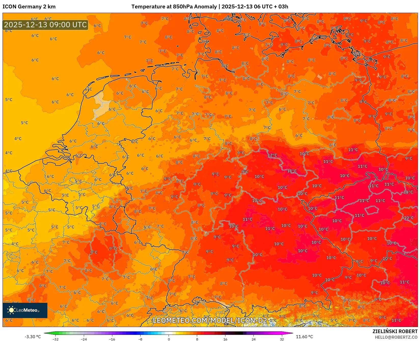 ICON Alemania 2 km model - Jerman, Anomali Suhu 850 hPa