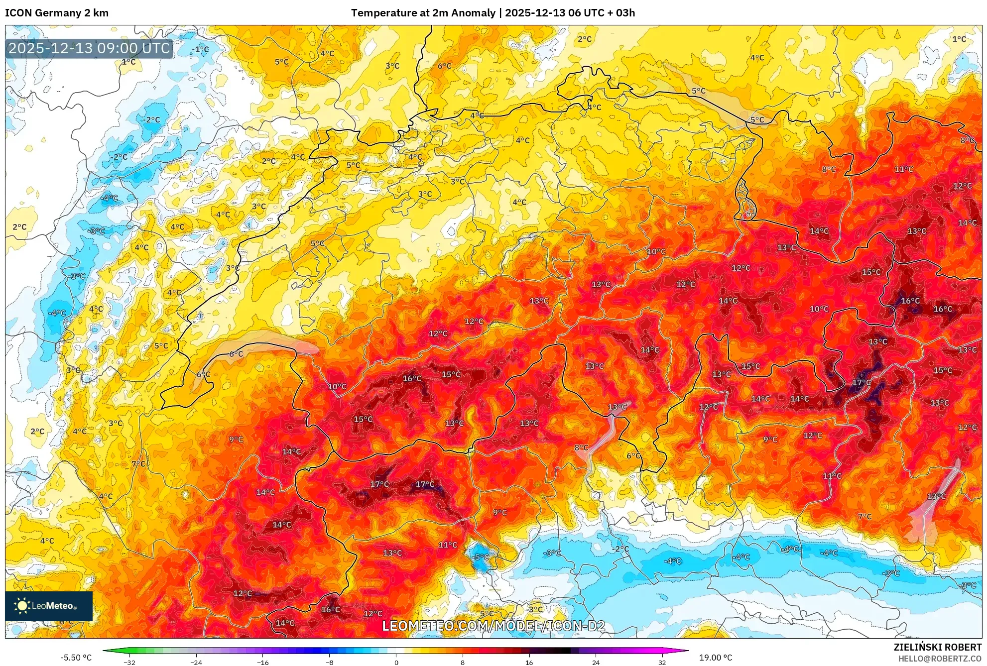 ICON Alemania 2 km model - Swiss, Anomali Suhu 2 m