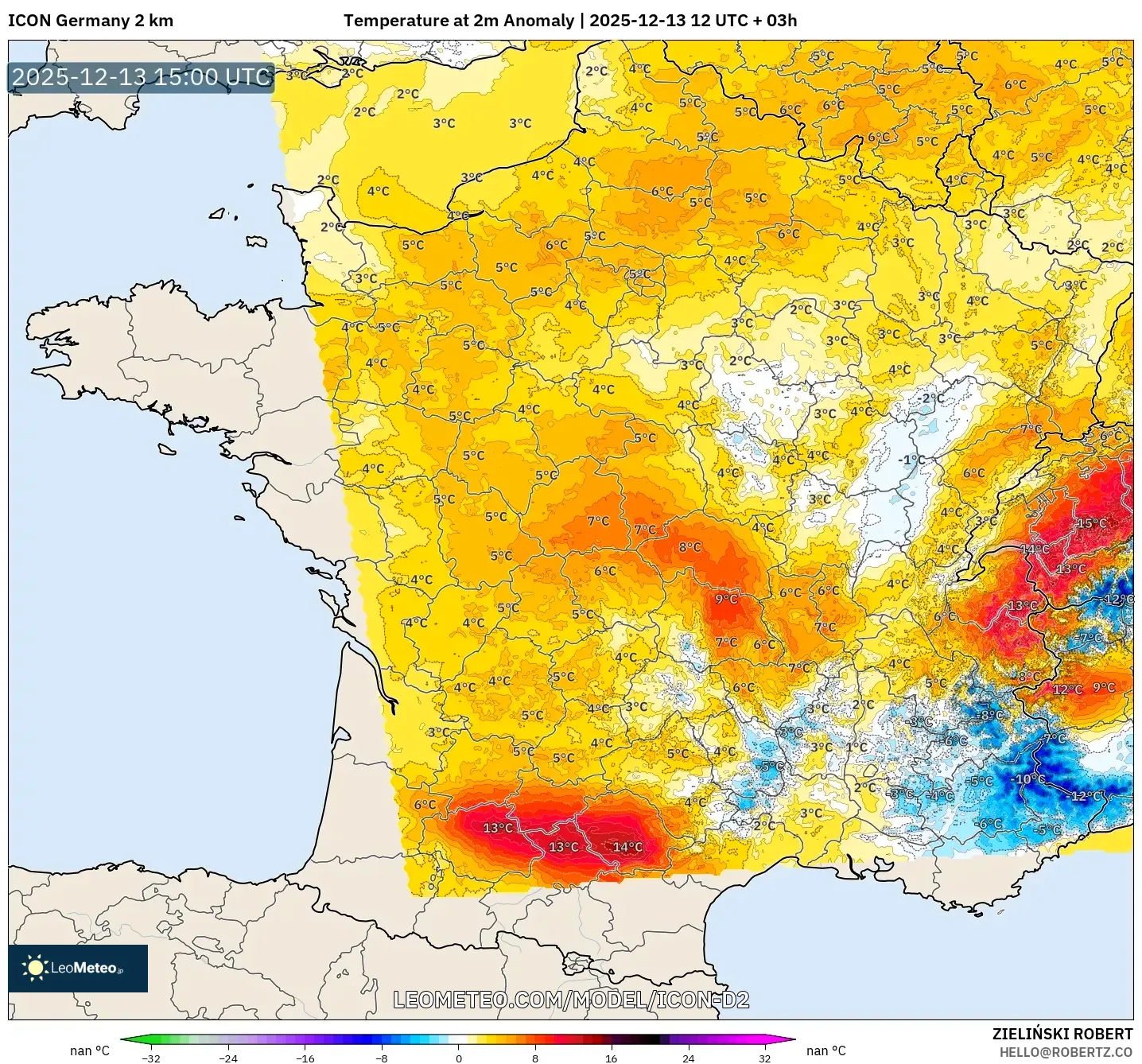 ICON Alemania 2 km model - Prancis, Anomali Suhu 2 m
