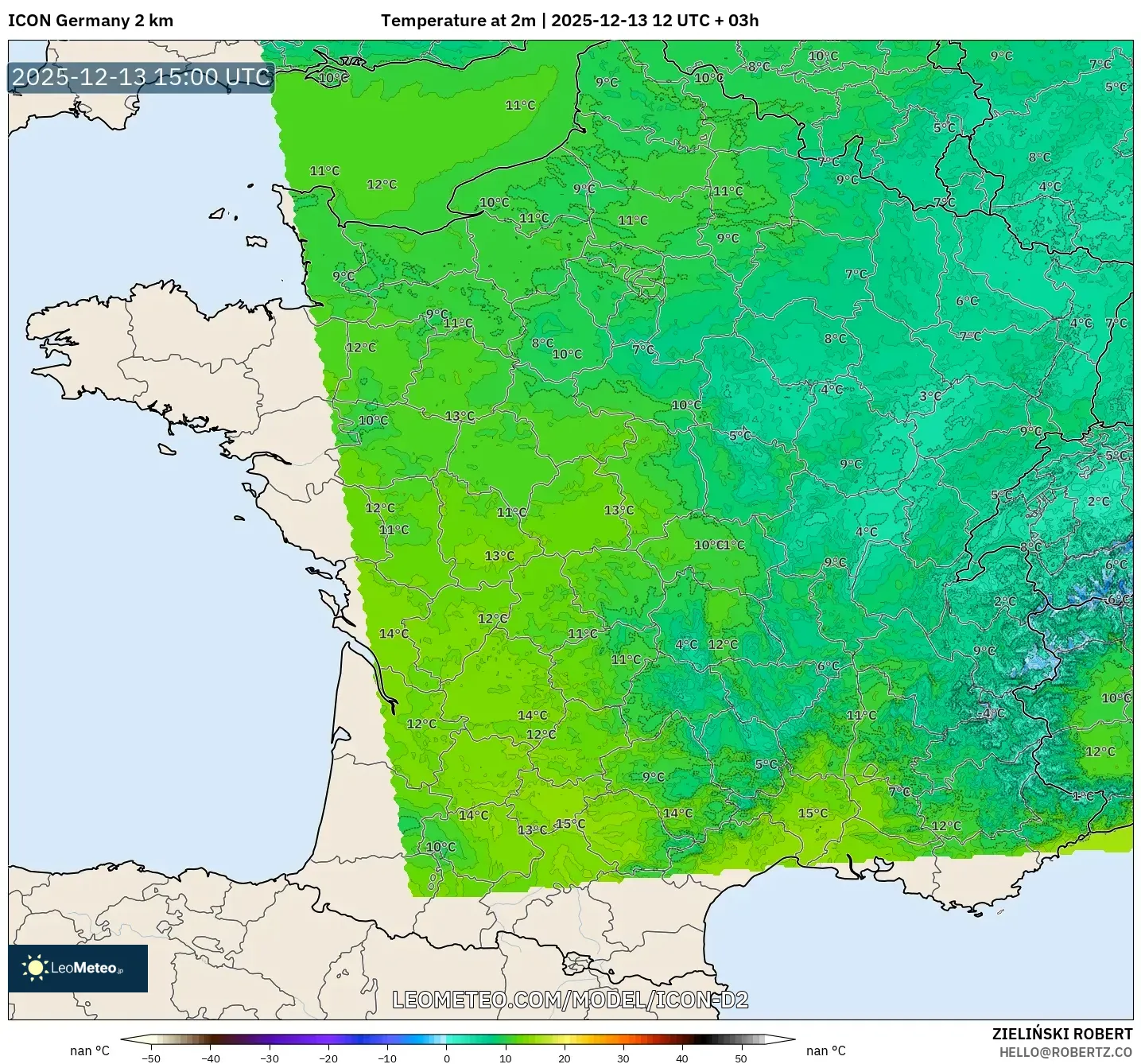 ICON Alemania 2 km model - Prancis, Suhu 2 m