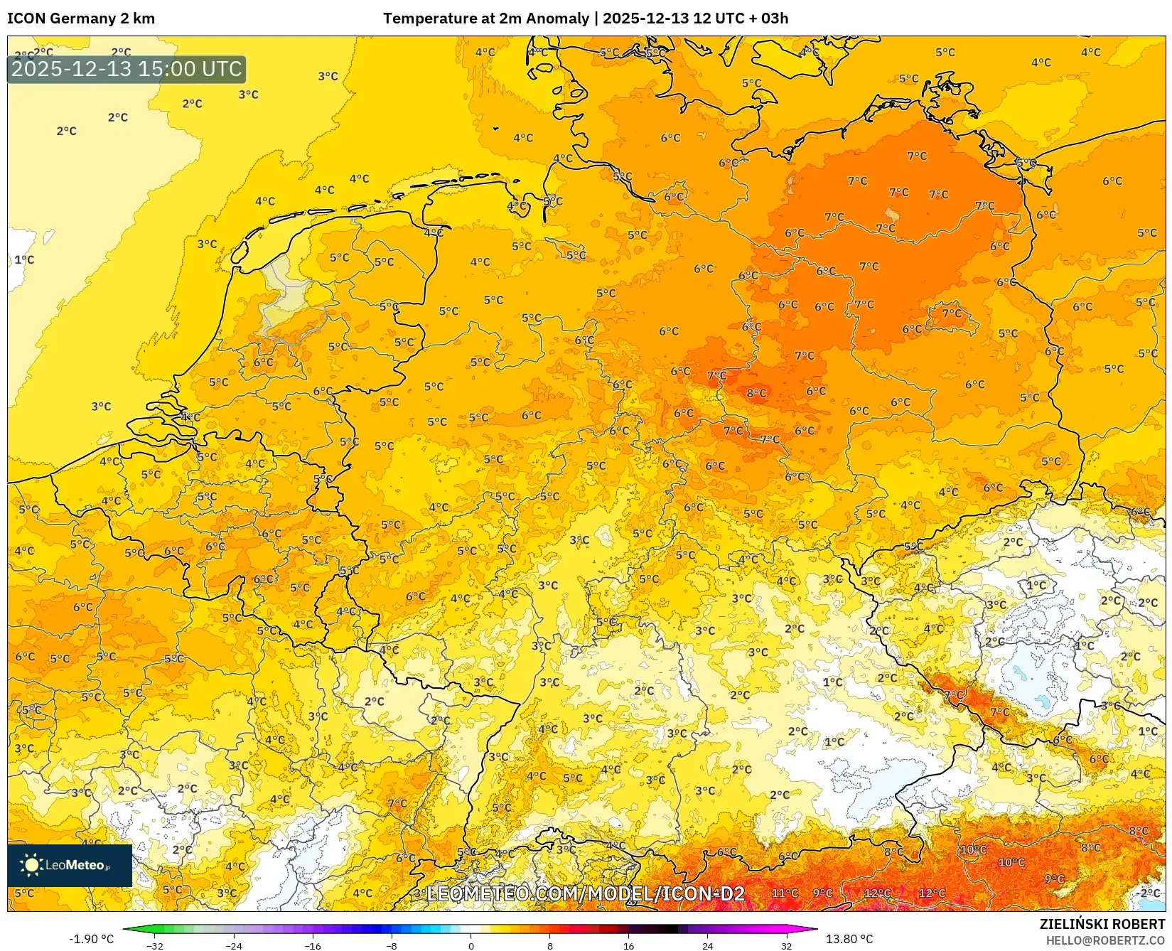 ICON Alemania 2 km model - Jerman, Anomali Suhu 2 m