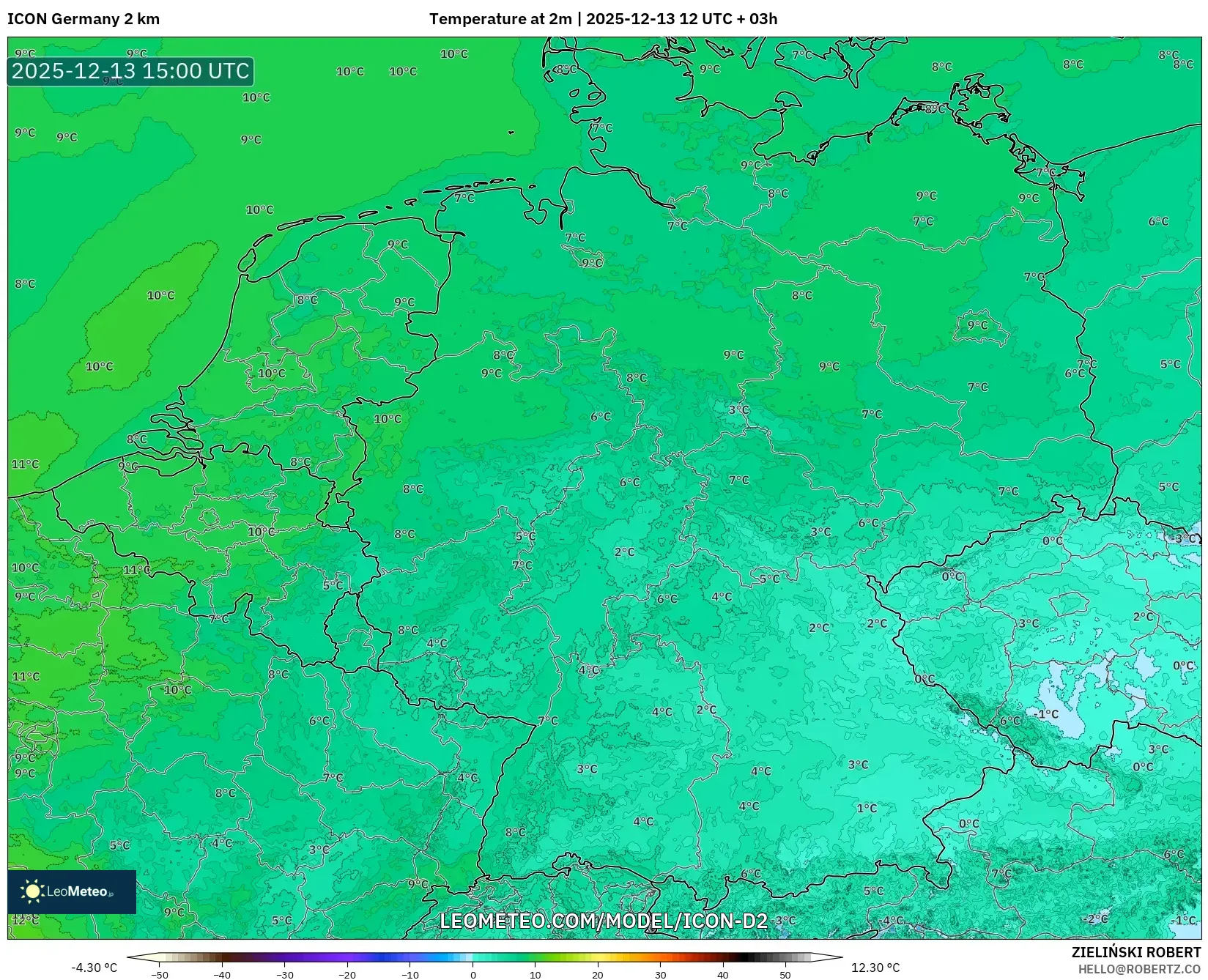 ICON Alemania 2 km model - Jerman, Suhu 2 m