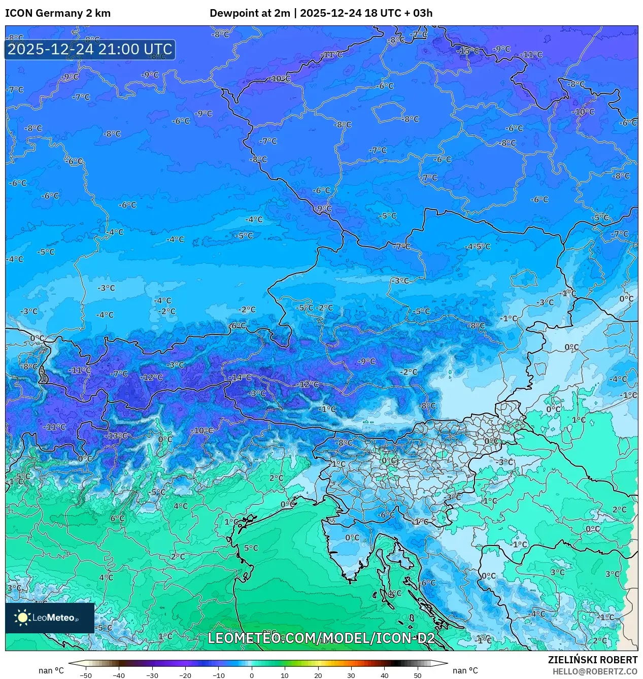 ICON Germany 2 km model - Austria, Dewpoint at 2m