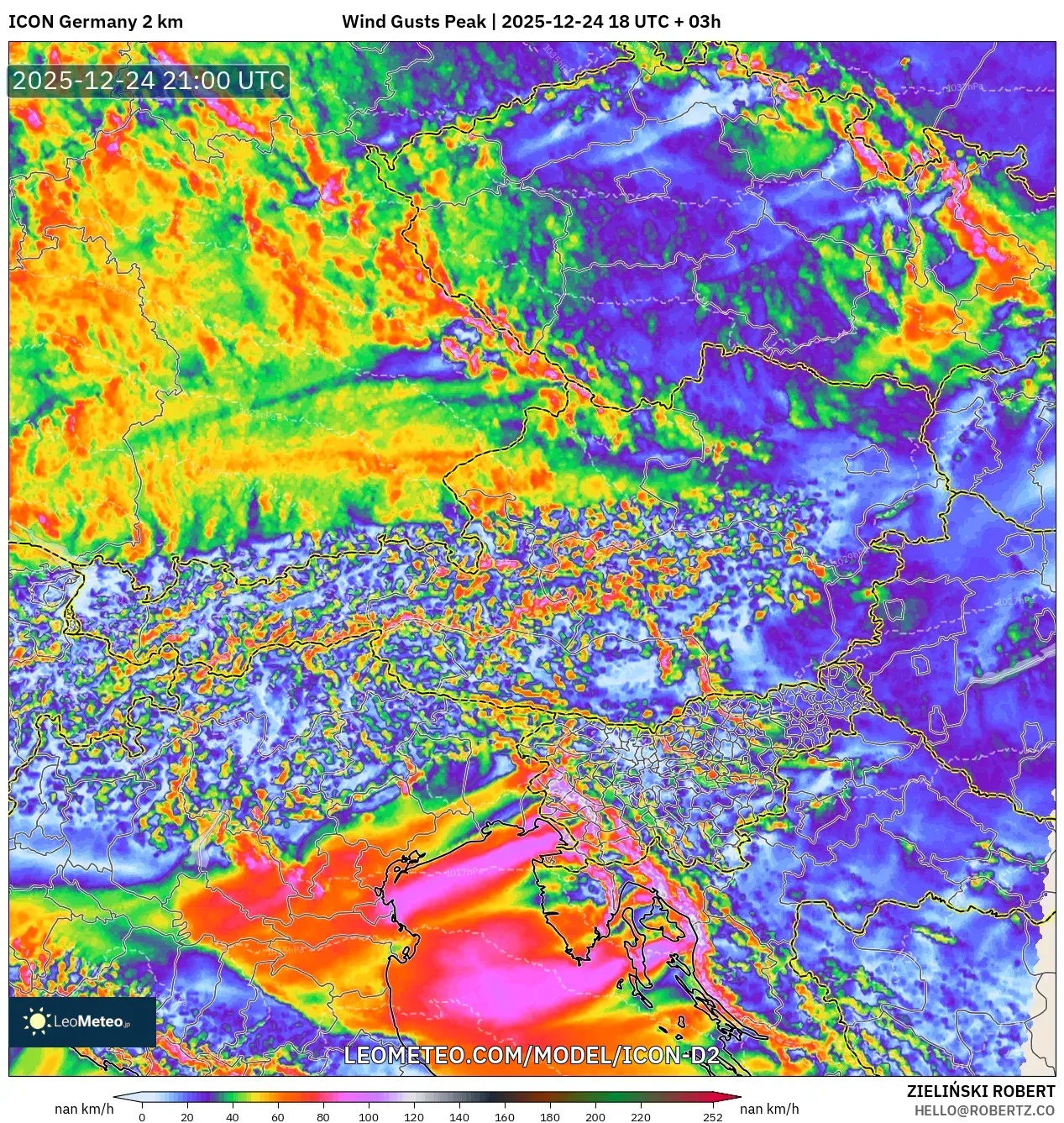 ICON Germany 2 km model - Austria, Wind Gusts Peak