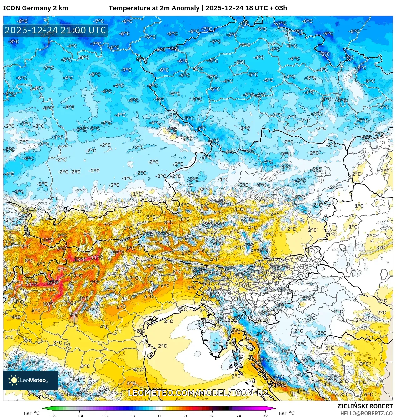ICON Germany 2 km model - Austria, Temperature at 2m Anomaly
