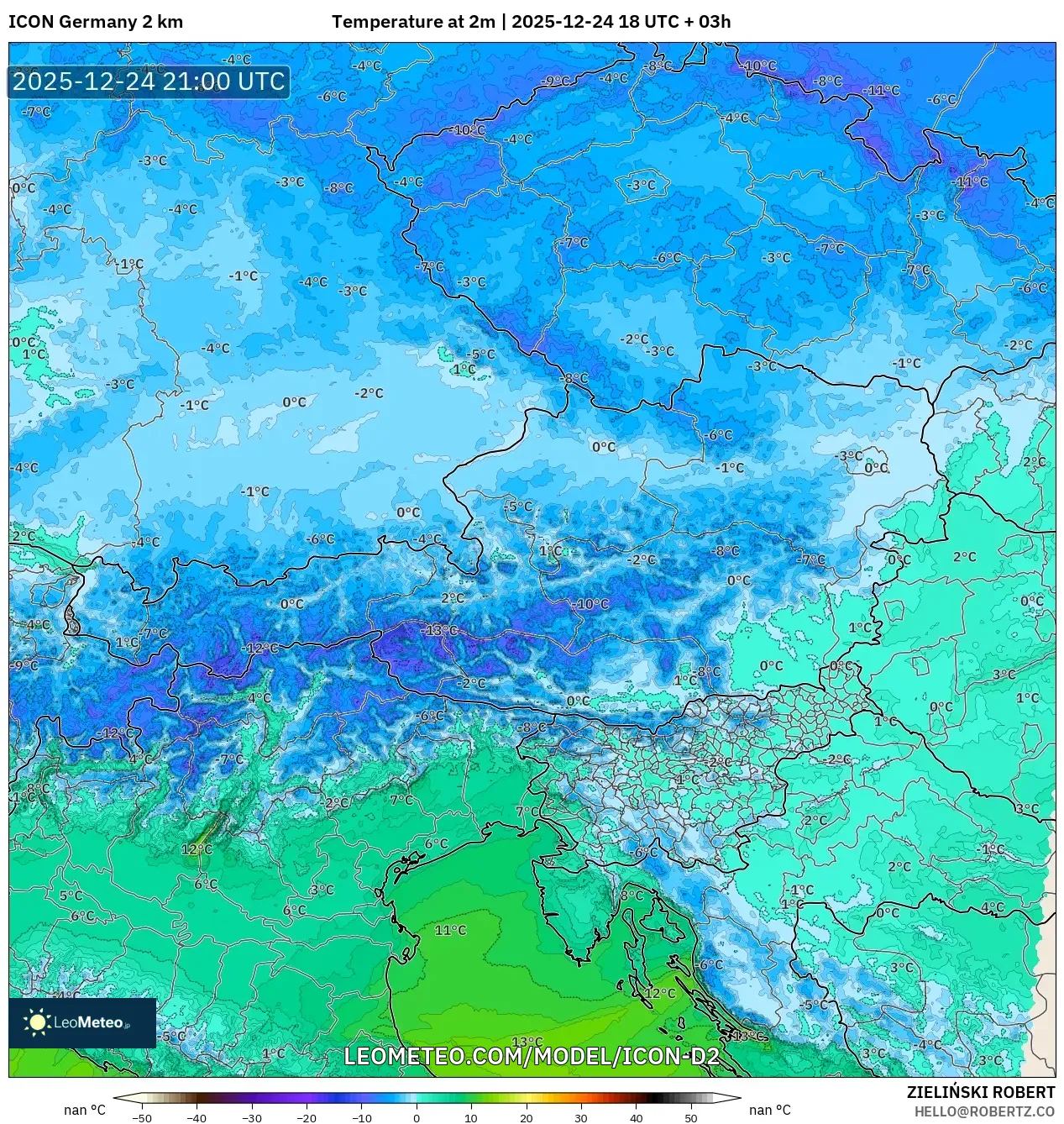 ICON Germany 2 km model - Austria, Temperature at 2m