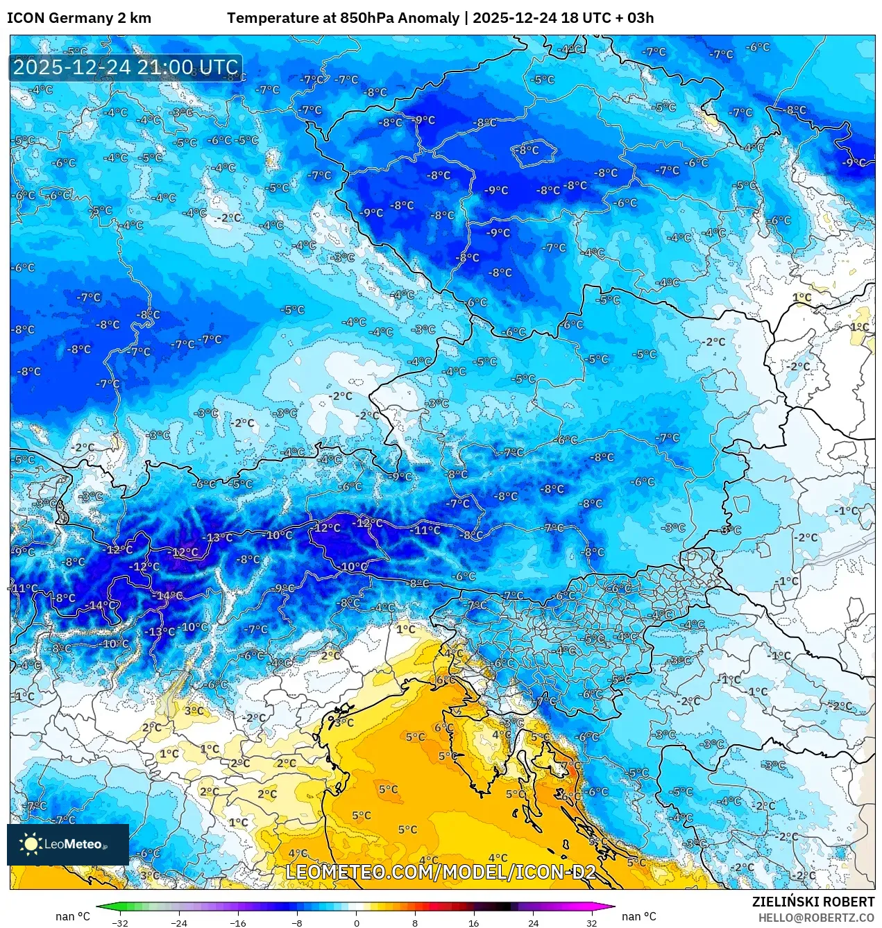 ICON Germany 2 km model - Austria, Temperature at 850hPa Anomaly