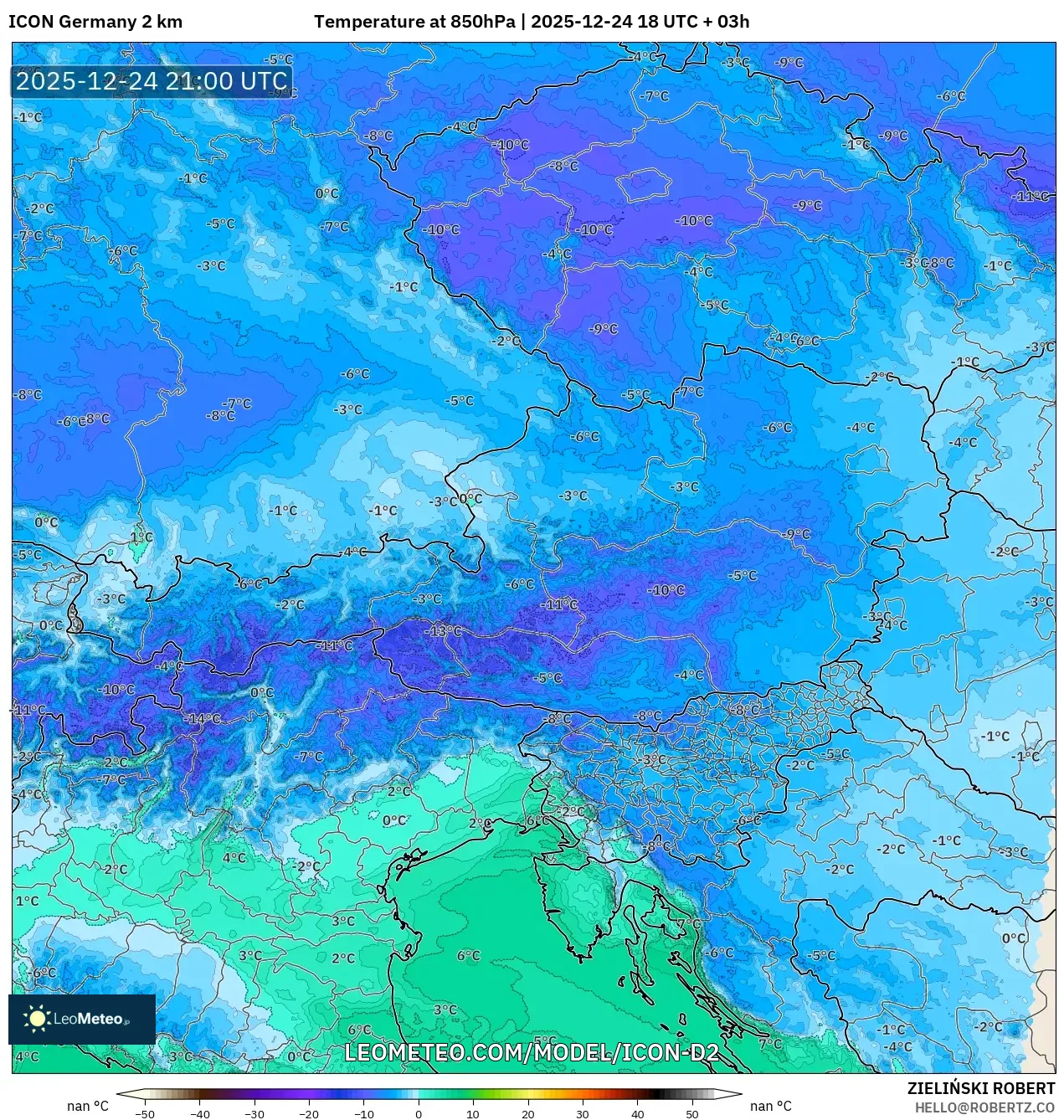 ICON Germany 2 km model - Austria, Temperature at 850hPa