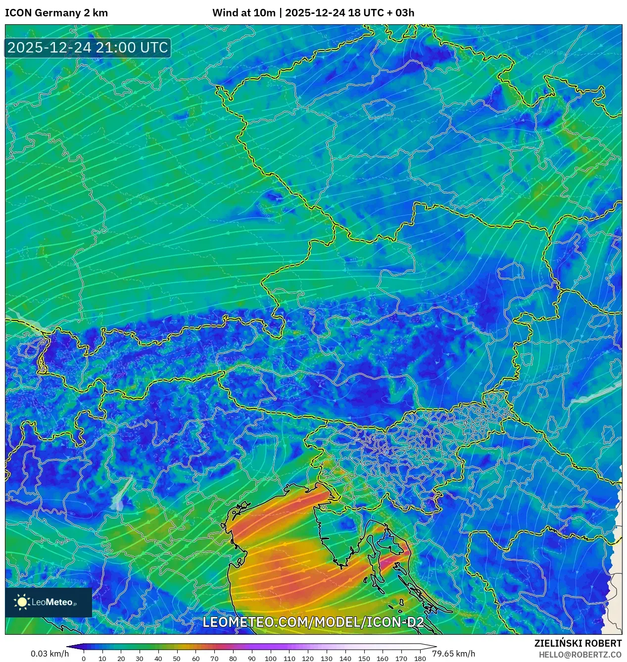 ICON Germany 2 km model - Austria, Wind at 10m