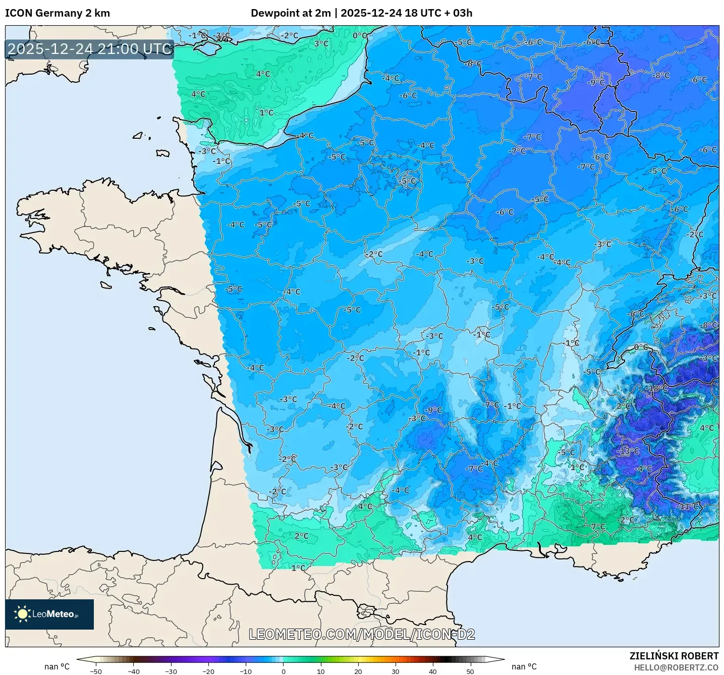 ICON Germany 2 km model - France, Dewpoint at 2m