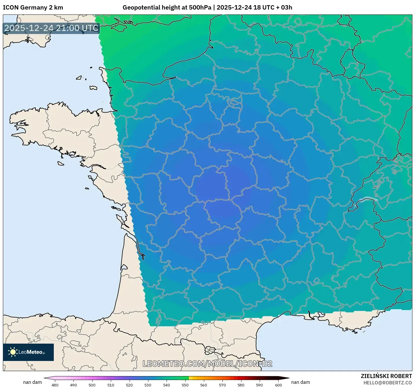 ICON Germany 2 km model - France, Geopotential height at 500hPa