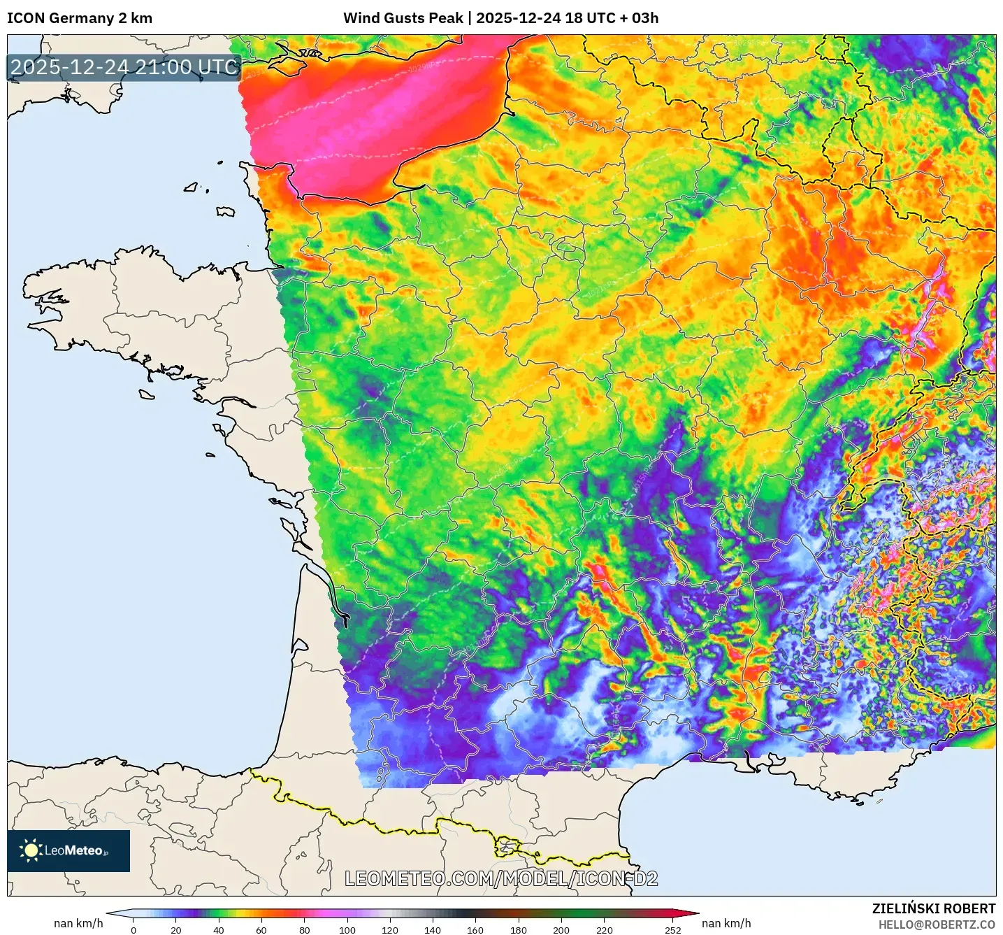 ICON Germany 2 km model - France, Wind Gusts Peak